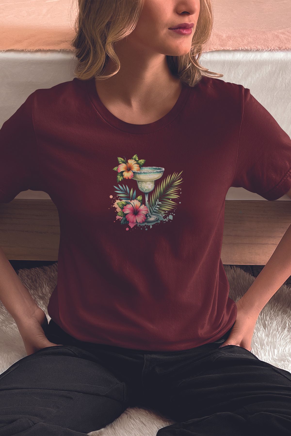 qoeuyl boutique Margarita Kokteyl Ve Tropikal Çiçek Baskılıyaz Temalı Unisex Regular Fit Pamuklu Bordo Tişört