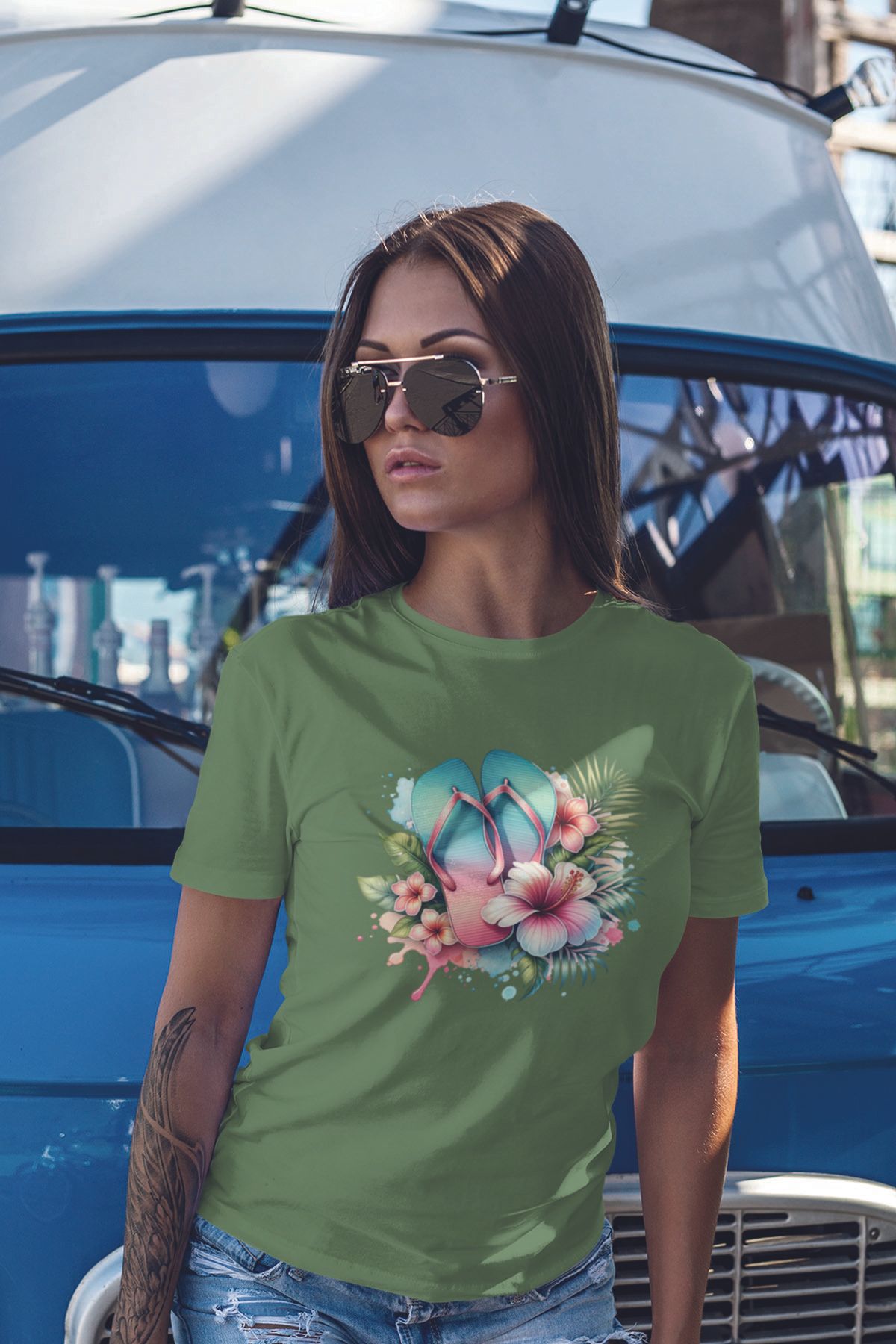 qoeuyl boutique Renkli Sahil No:1 Baskılıyaz Temalı Unisex Regular Fit Pamuklu Yeşil Tişört