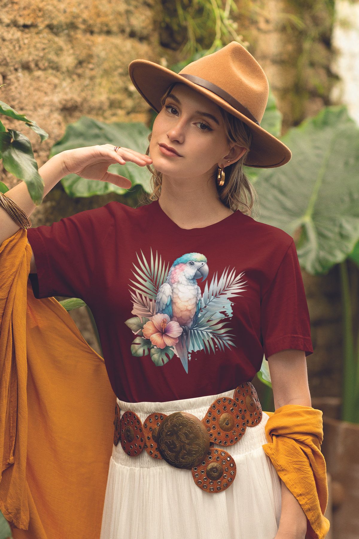 qoeuyl boutique Tropikal Papağan Baskılıyaz Temalı Unisex Regular Fit Pamuklu Bordo Tişört