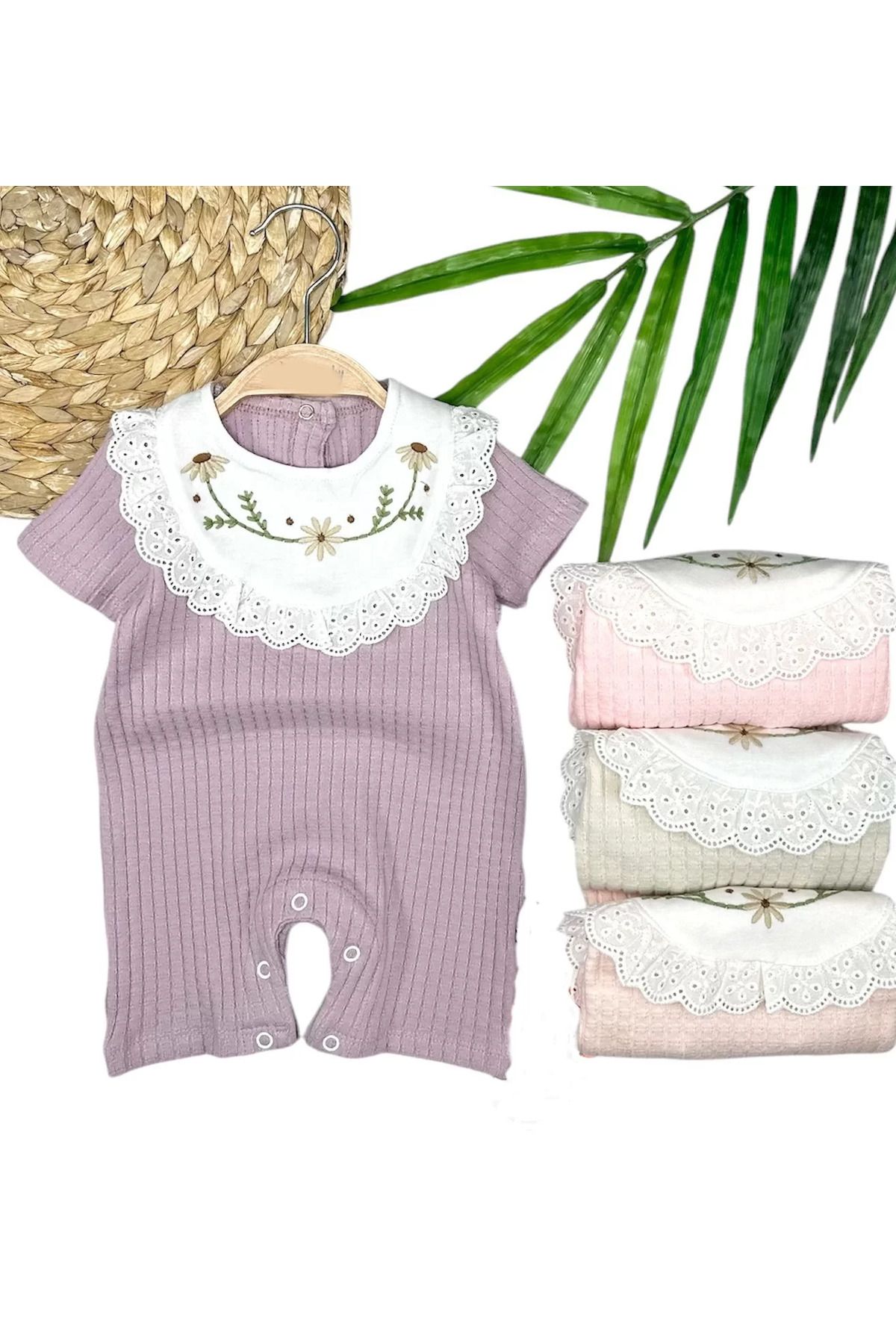 Shop58 3-6-9-12 Ay Bebe Yaka Çiçek Nakışlı Pamuklu Petek Penye Yazlık Kız Bebek Tulumu