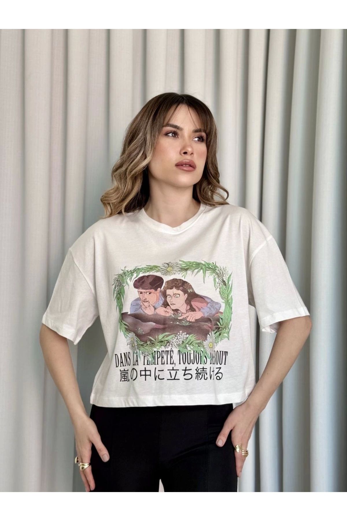 POLEXP Oversize Beyaz baskılı crop tişört