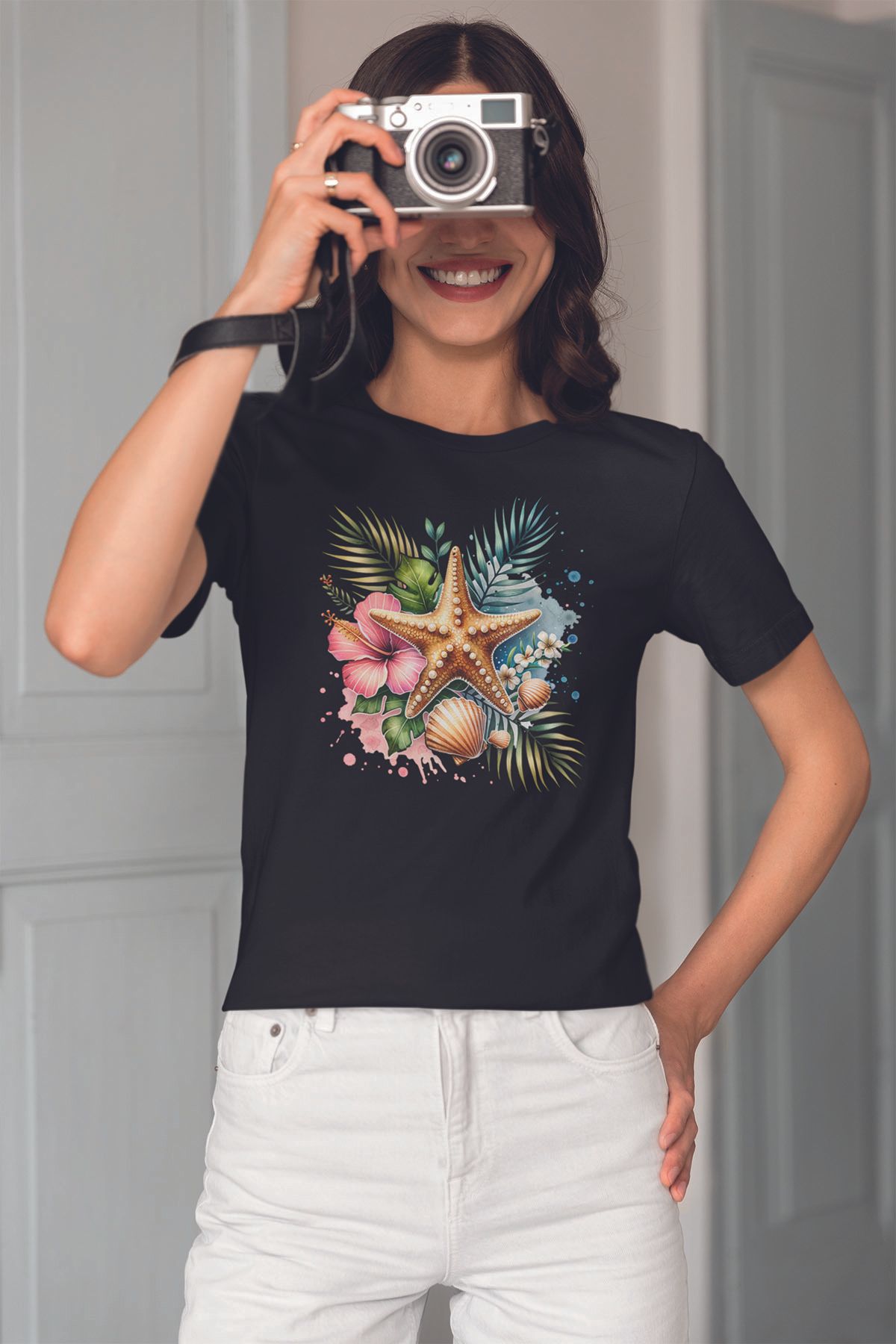 qoeuyl boutique Deniz Yıldızı Baskılıyaz Temalı Unisex Regular Fit Pamuklu Siyah Tişört