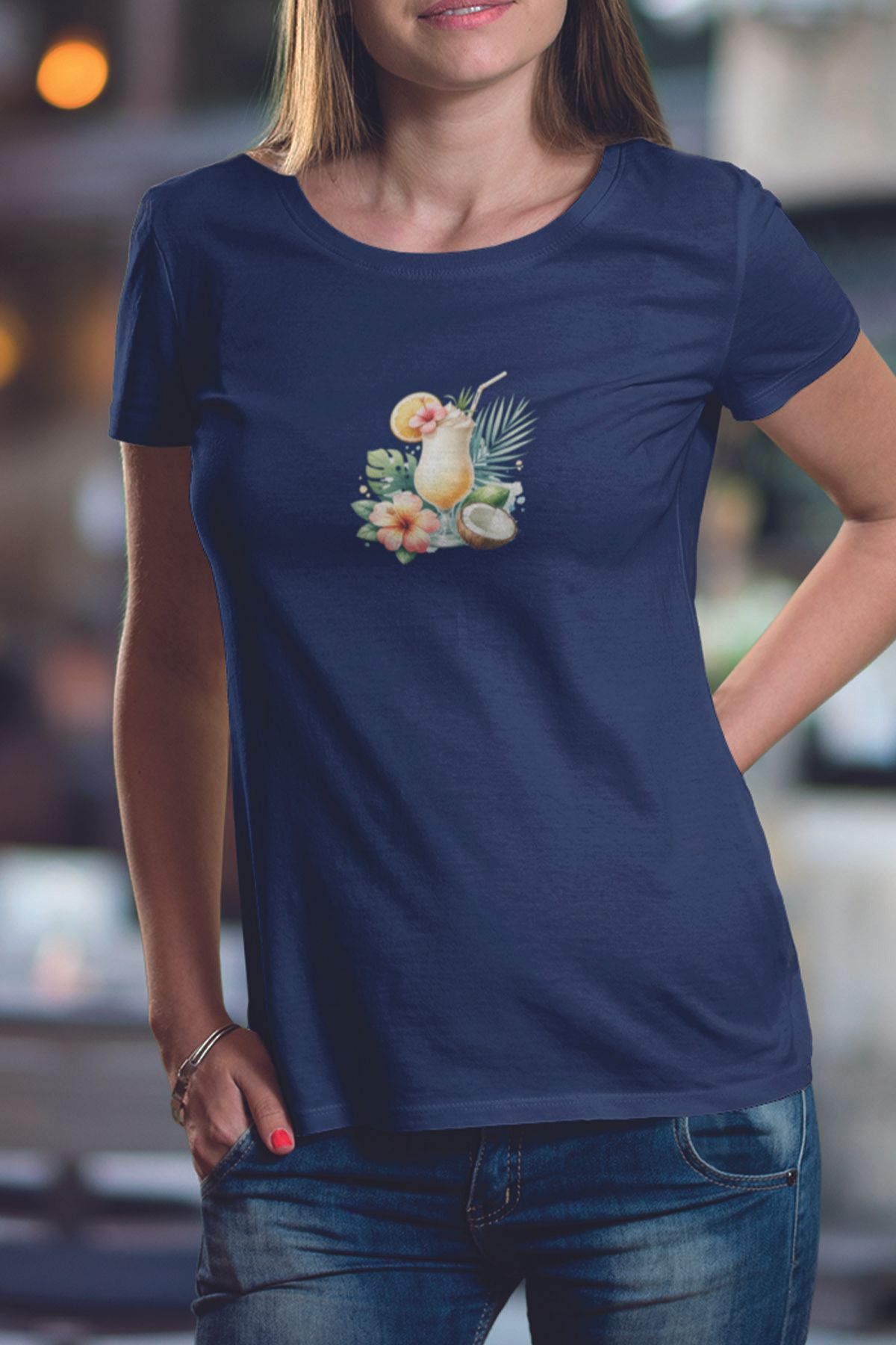 qoeuyl boutique Tropikal Kokteyl Baskılıyaz Temalı Unisex Regular Fit Pamuklu Lacivert Tişört