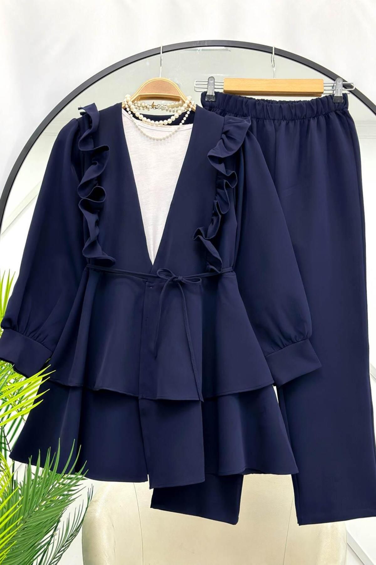 Lucia Fashion Fırfırlı Kuşaklı Tunik Pantolon İkili Takım