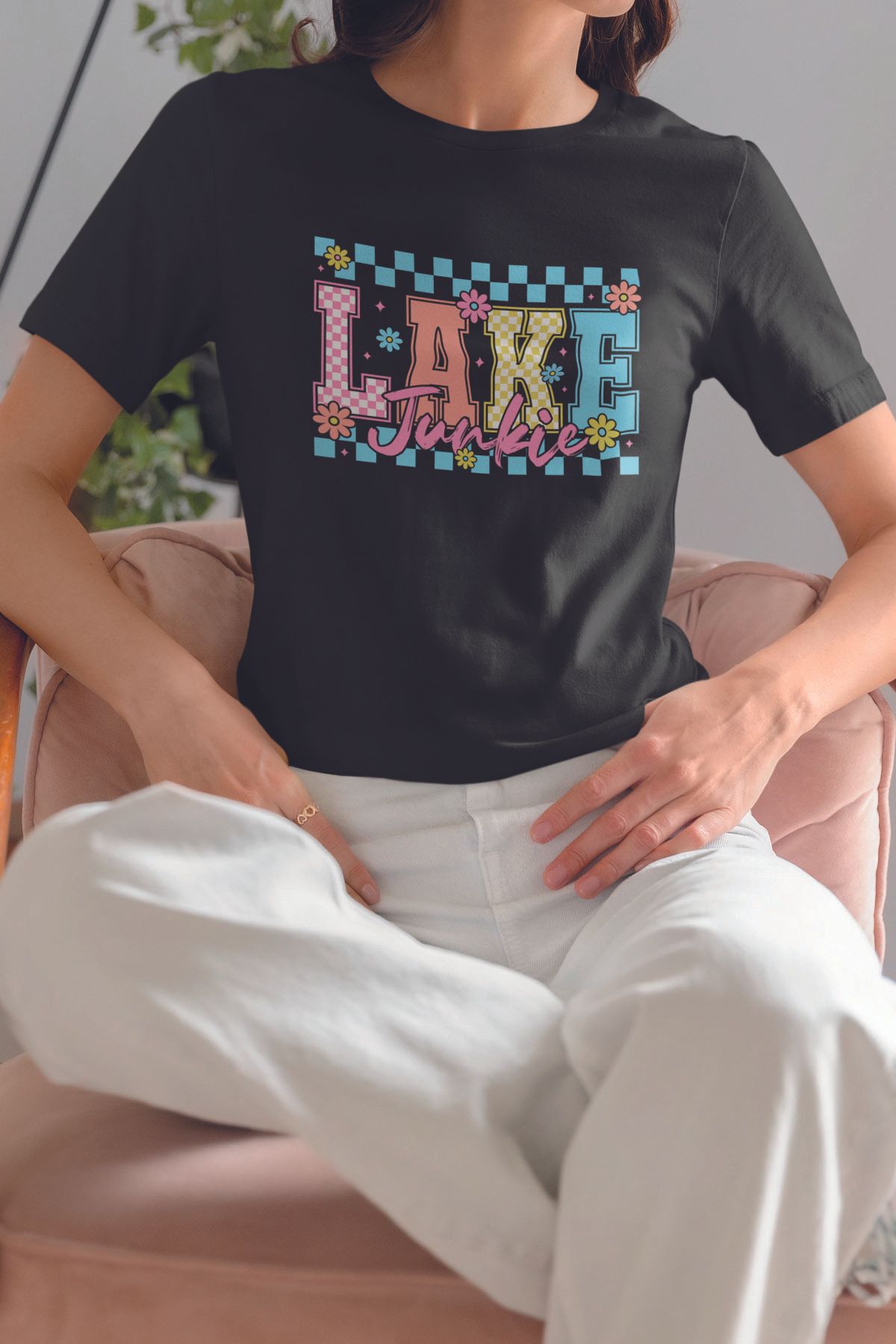 qoeuyl boutique Lake Junkie Baskılıyaz Temalı Unisex Regular Fit Pamuklu Siyah Tişört