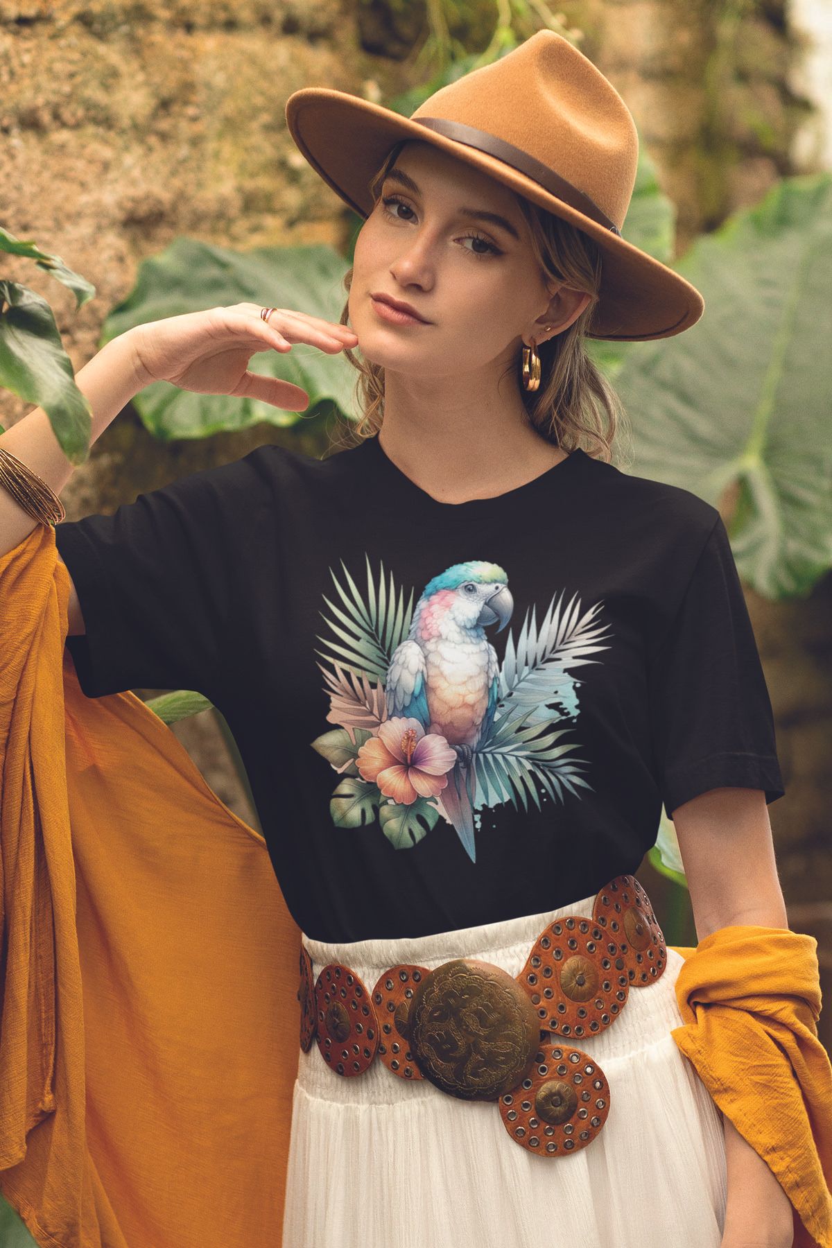 qoeuyl boutique Tropikal Papağan Baskılıyaz Temalı Unisex Regular Fit Pamuklu Siyah Tişört