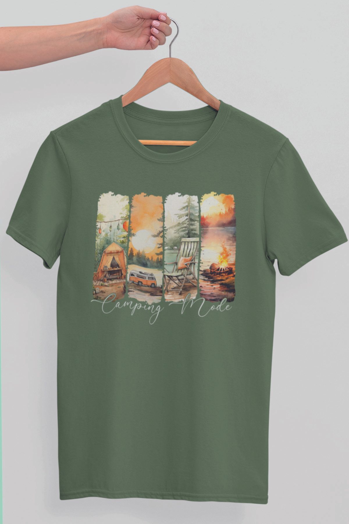 qoeuyl boutique Camping Mode Baskılıyaz Temalı Unisex Regular Fit Pamuklu Yeşil Tişört