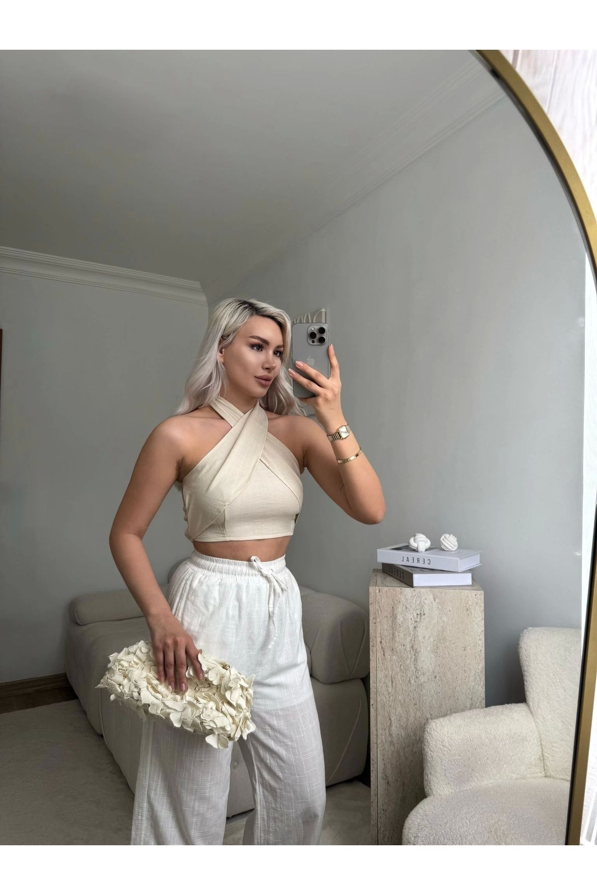 Zora Butik Boyundan Bağlamalı Çapraz Yaka Crop - BEJ