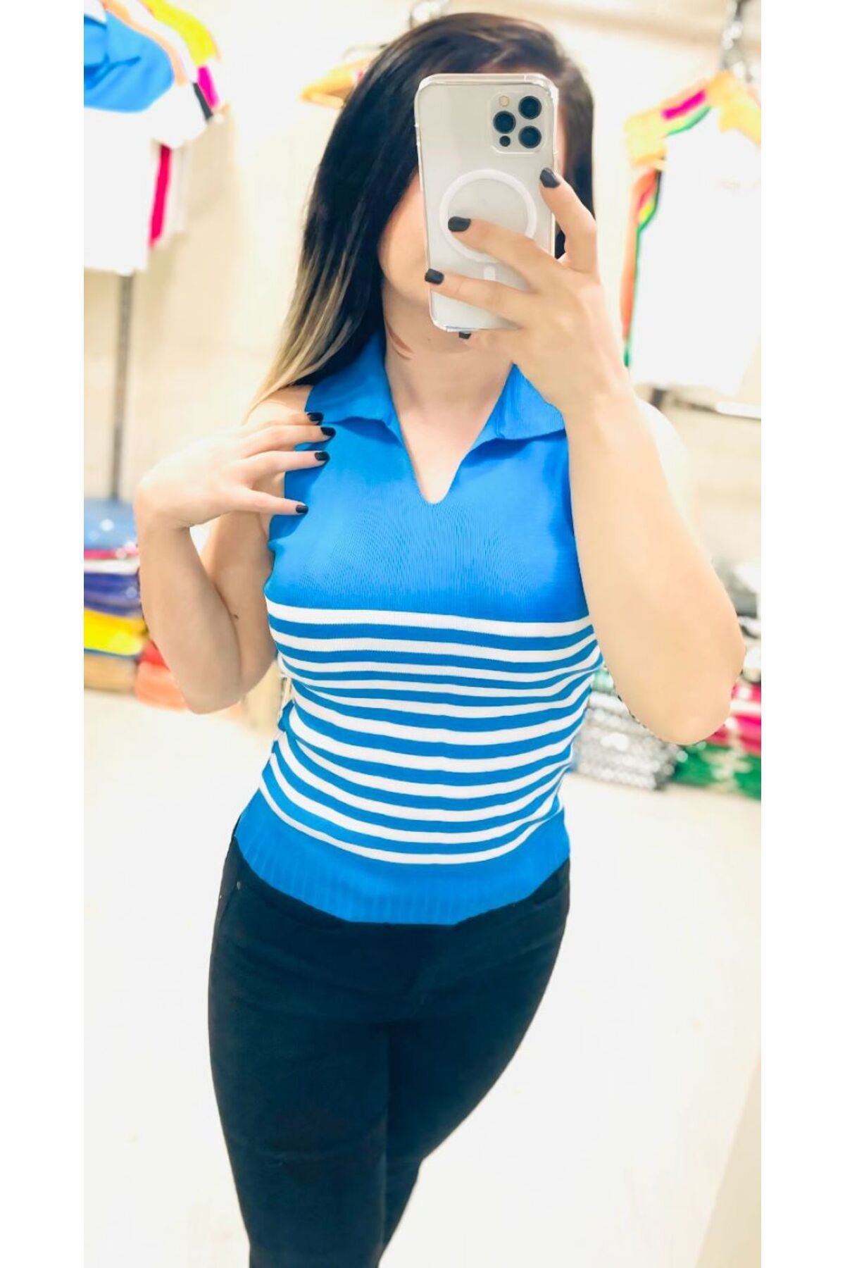 Butik ZEYOO COLLECTİON Kadın Polo Yaka Çizgi Detaylı Bluz