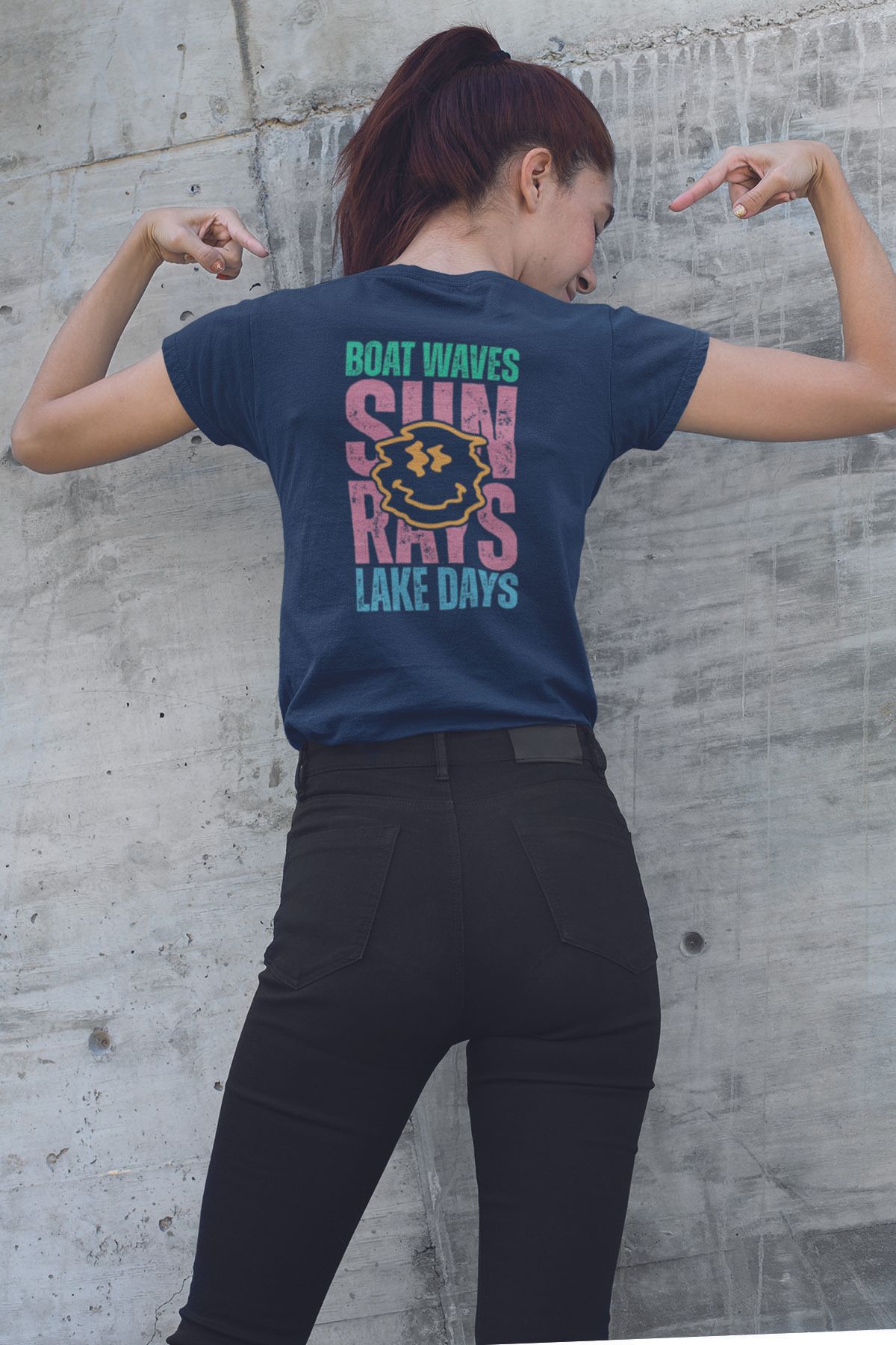 qoeuyl boutique Sırt Baskılı Boat Waves Sun Rays Lake Days Baskılı Unisex Regular Fit Pamuklu Lacivert Tişört