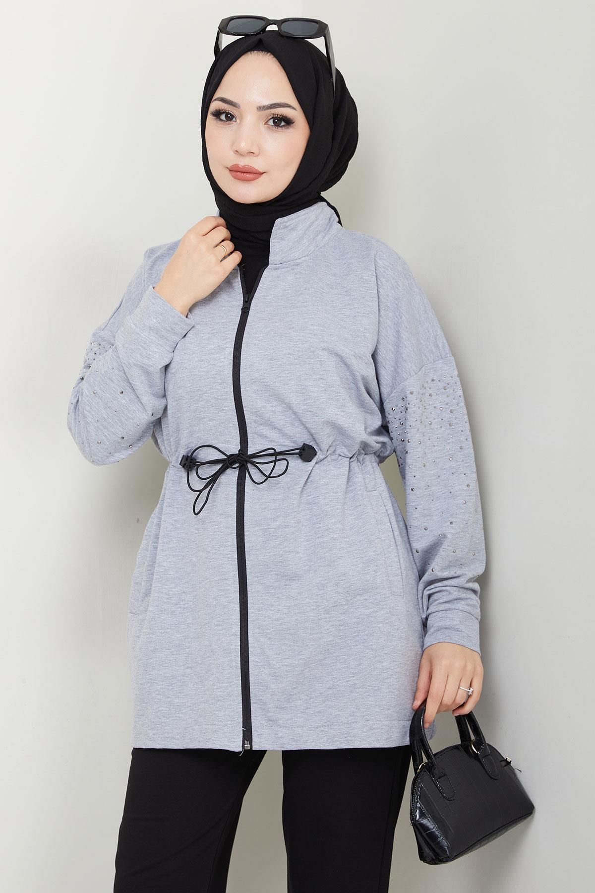 hafsamina Kolu Taşlı Beli Bağcıklı Takım Gri HM2718