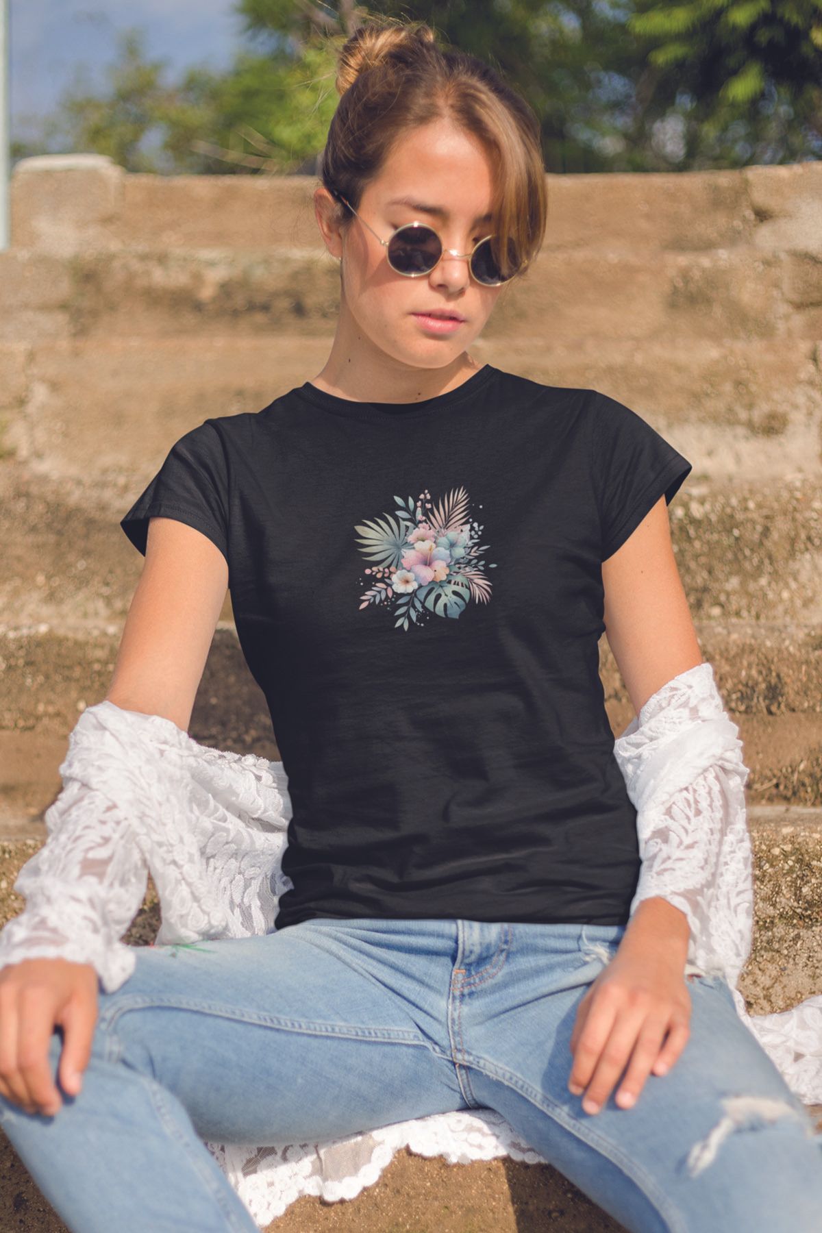 qoeuyl boutique Tropikal Çiçekler Baskılıyaz Temalı Unisex Regular Fit Pamuklu Siyah Tişört