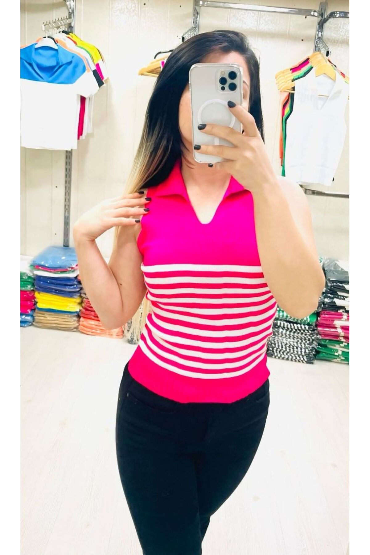 Butik ZEYOO COLLECTİON Kadın Polo Yaka Çizgi Detaylı Bluz