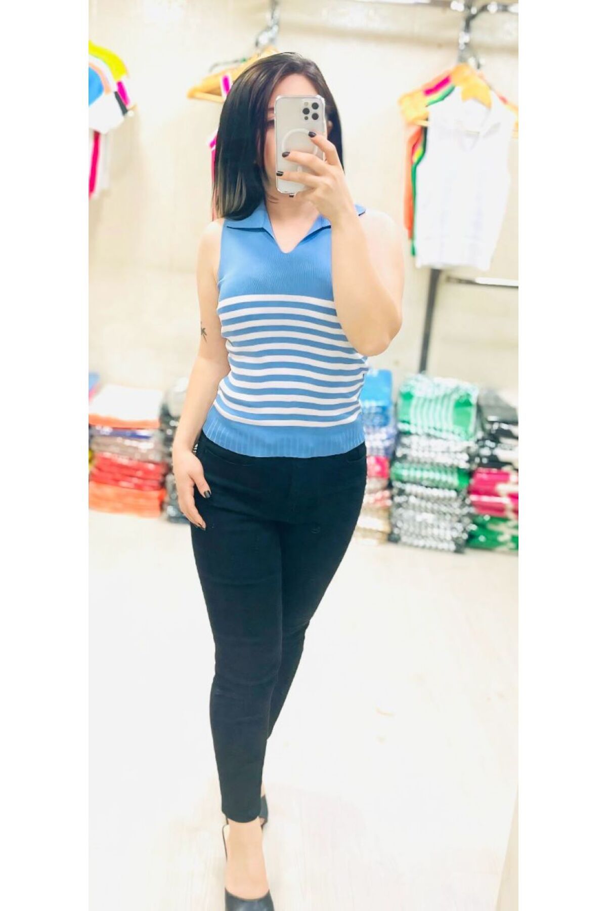 Butik ZEYOO COLLECTİON Kadın Polo Yaka Çizgi Detaylı Bluz