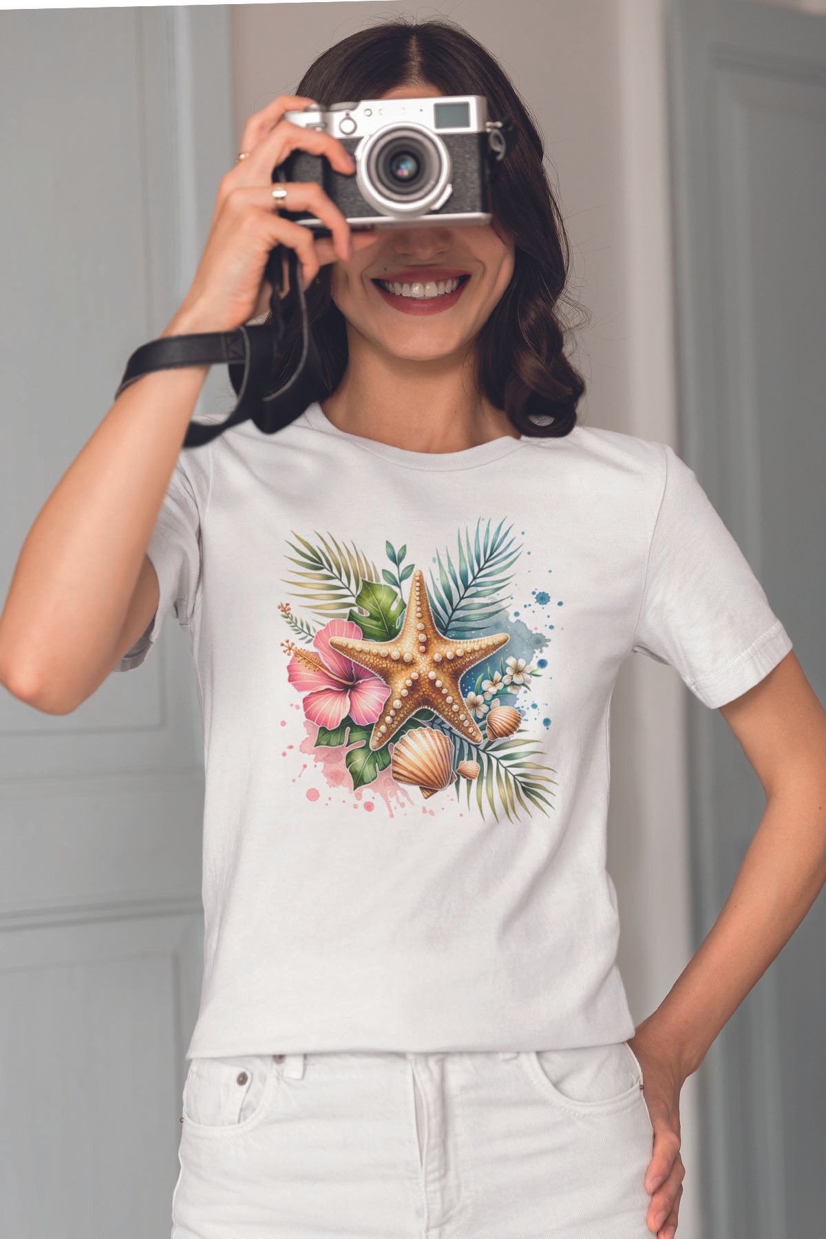 qoeuyl boutique Deniz Yıldızı Baskılıyaz Temalı Unisex Regular Fit Pamuklu Beyaz Tişört