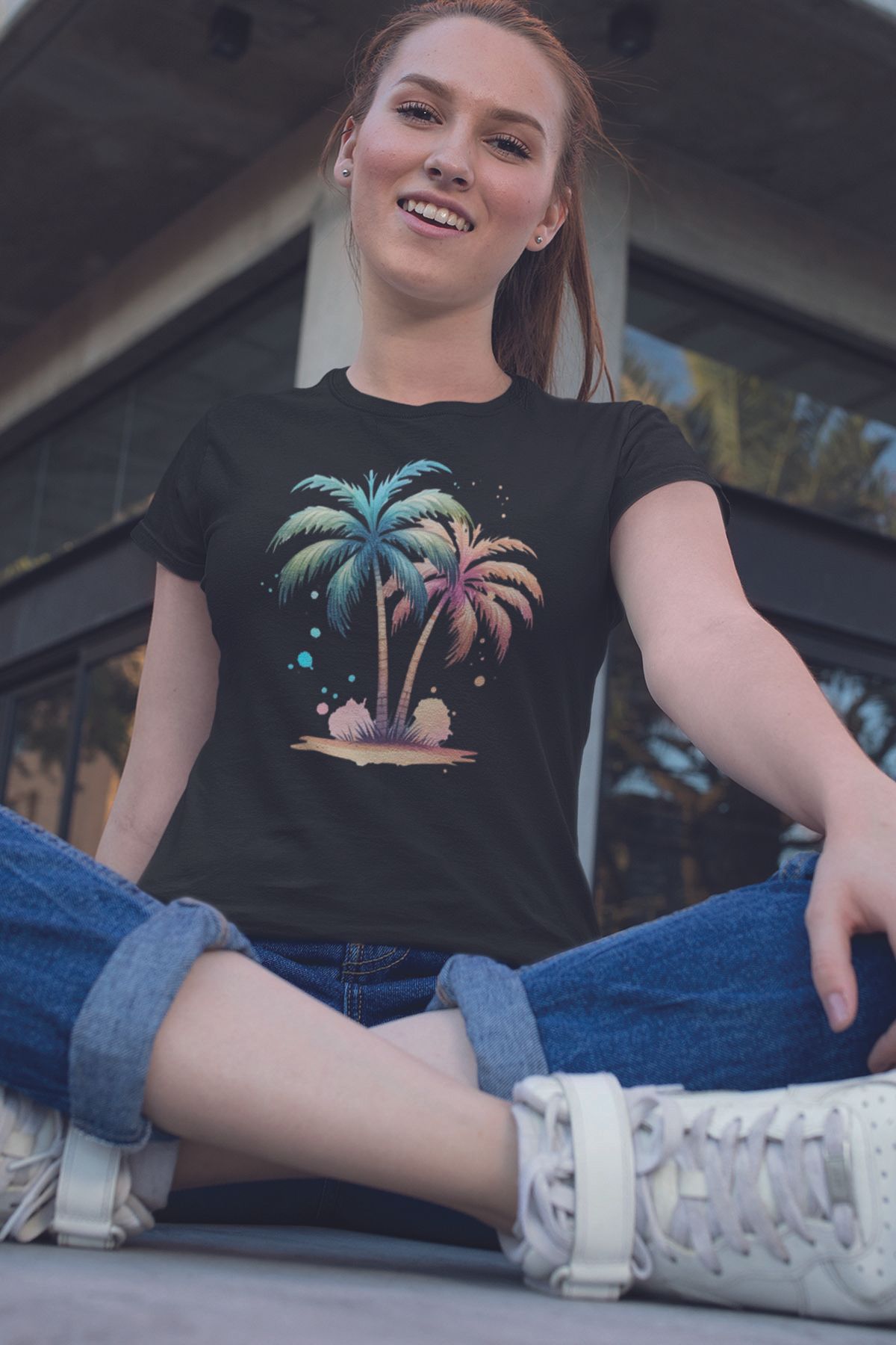 qoeuyl boutique Tropikal Palmiyeler Baskılıyaz Temalı Unisex Regular Fit Pamuklu Siyah Tişört