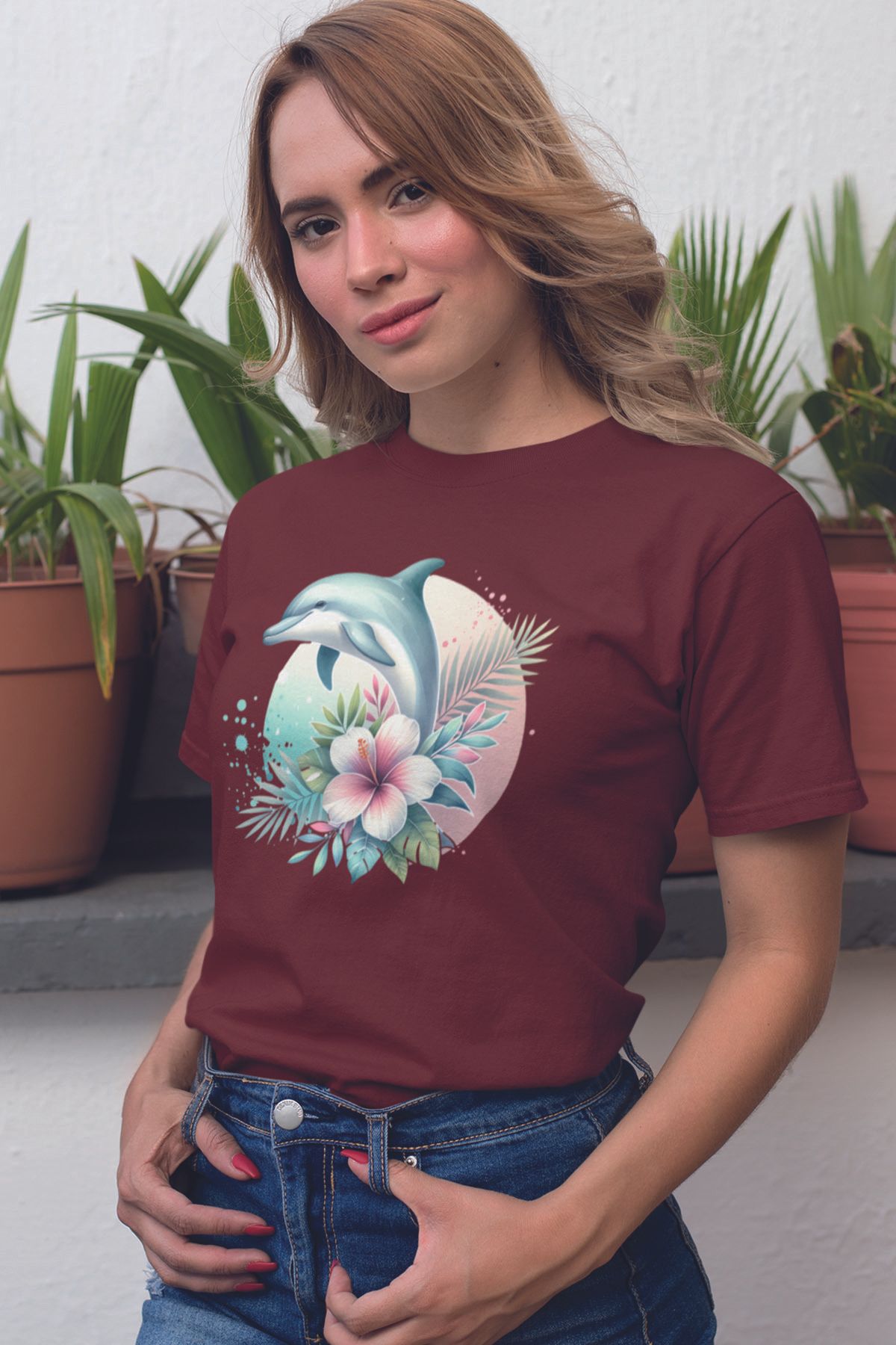 qoeuyl boutique Yunus Ve Çiçekler Baskılıyaz Temalı Unisex Regular Fit Pamuklu Bordo Tişört