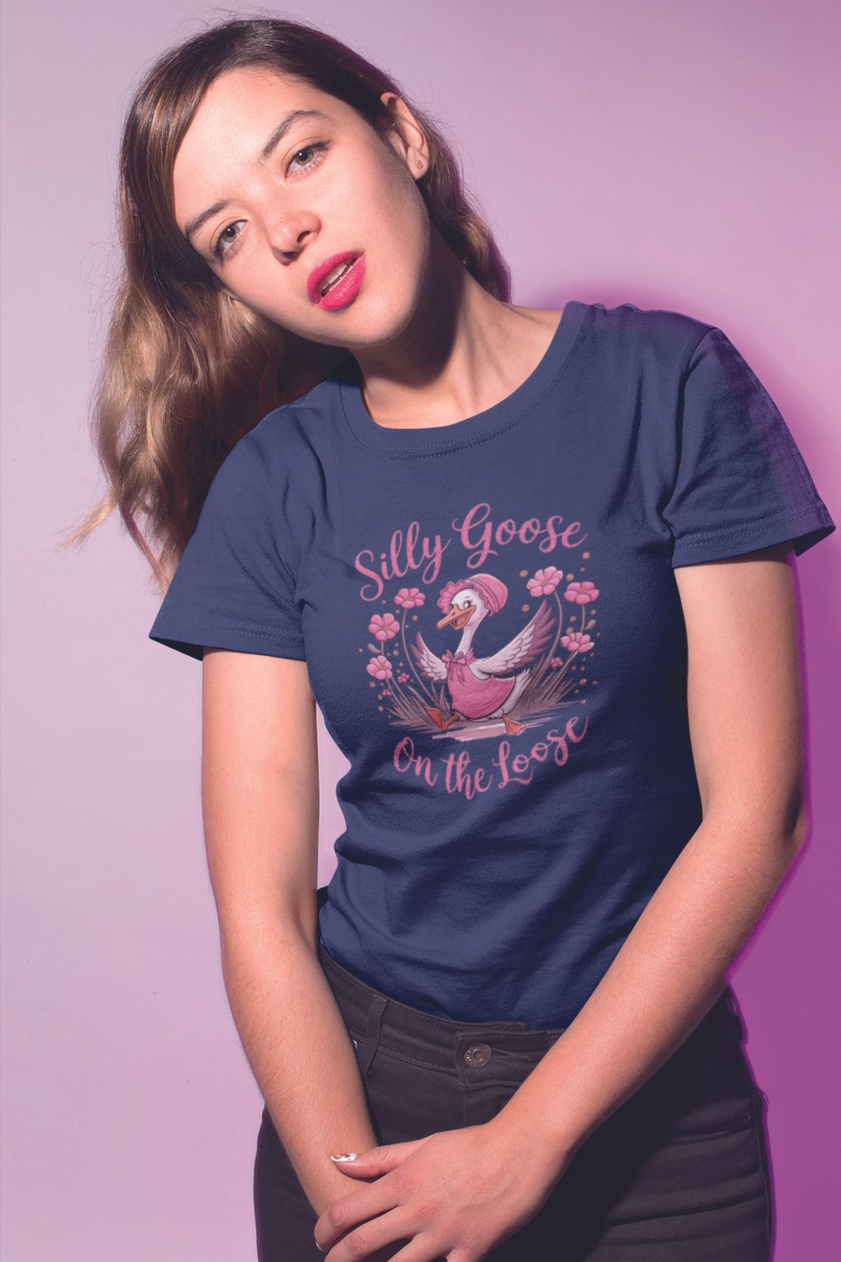 qoeuyl boutique Silly Goose On The Loose Baskılı Unisex Regular Fit Pamuklu Lacivert Tişört