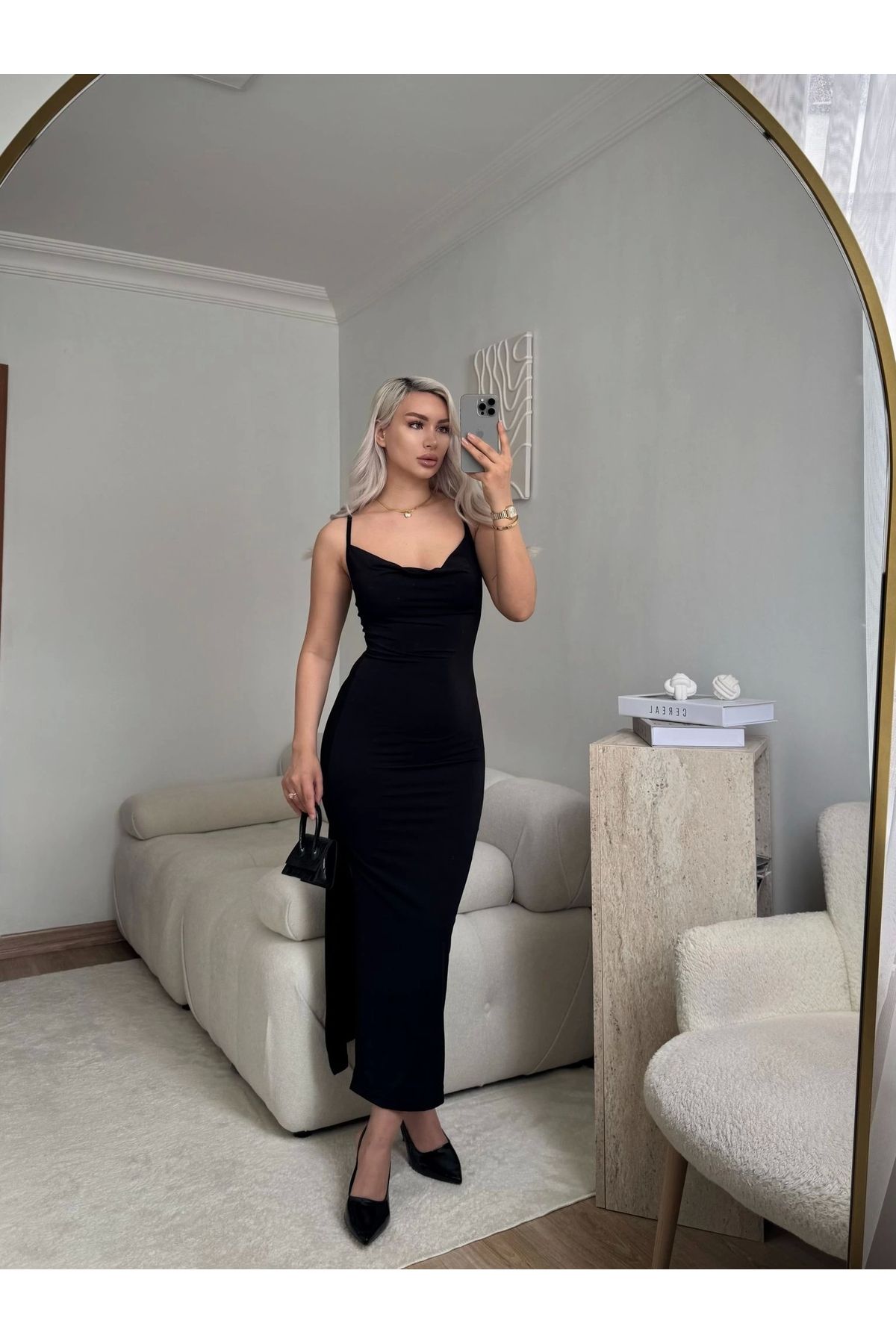 Zora Butik Waterfall Yaka Yırtmaçlı Elbise - SİYAH