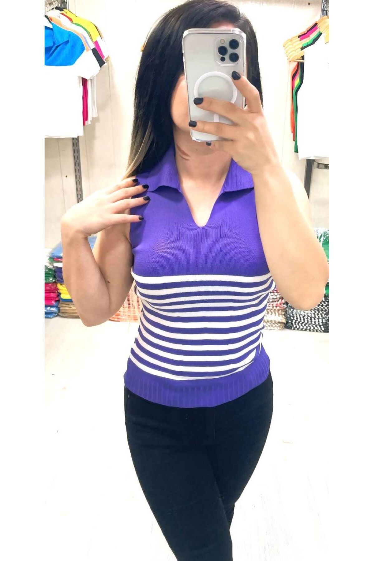 Butik ZEYOO COLLECTİON Kadın Polo Yaka Çizgi Detaylı Bluz