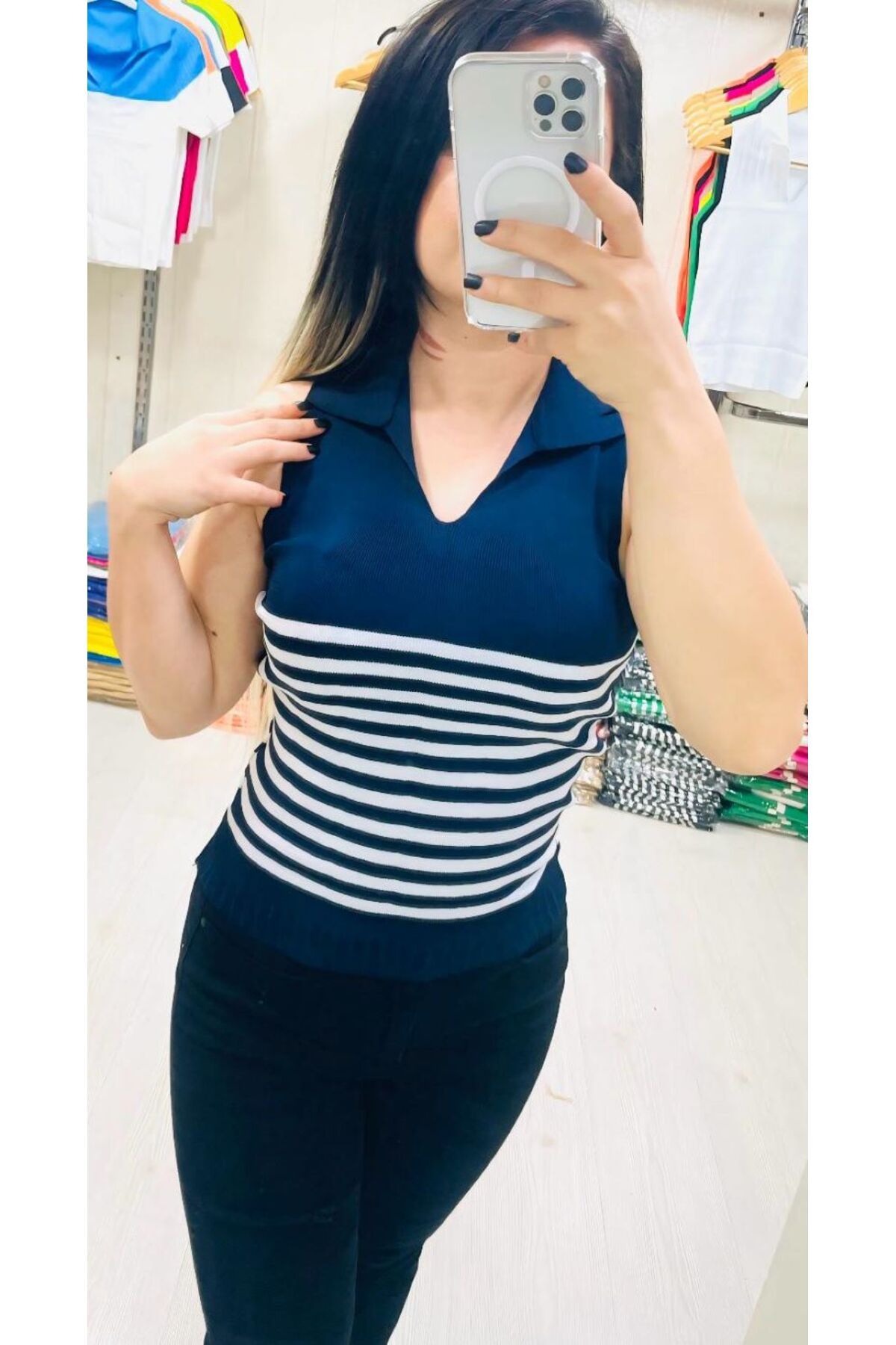 Butik ZEYOO COLLECTİON Kadın Polo Yaka Çizgi Detaylı Bluz