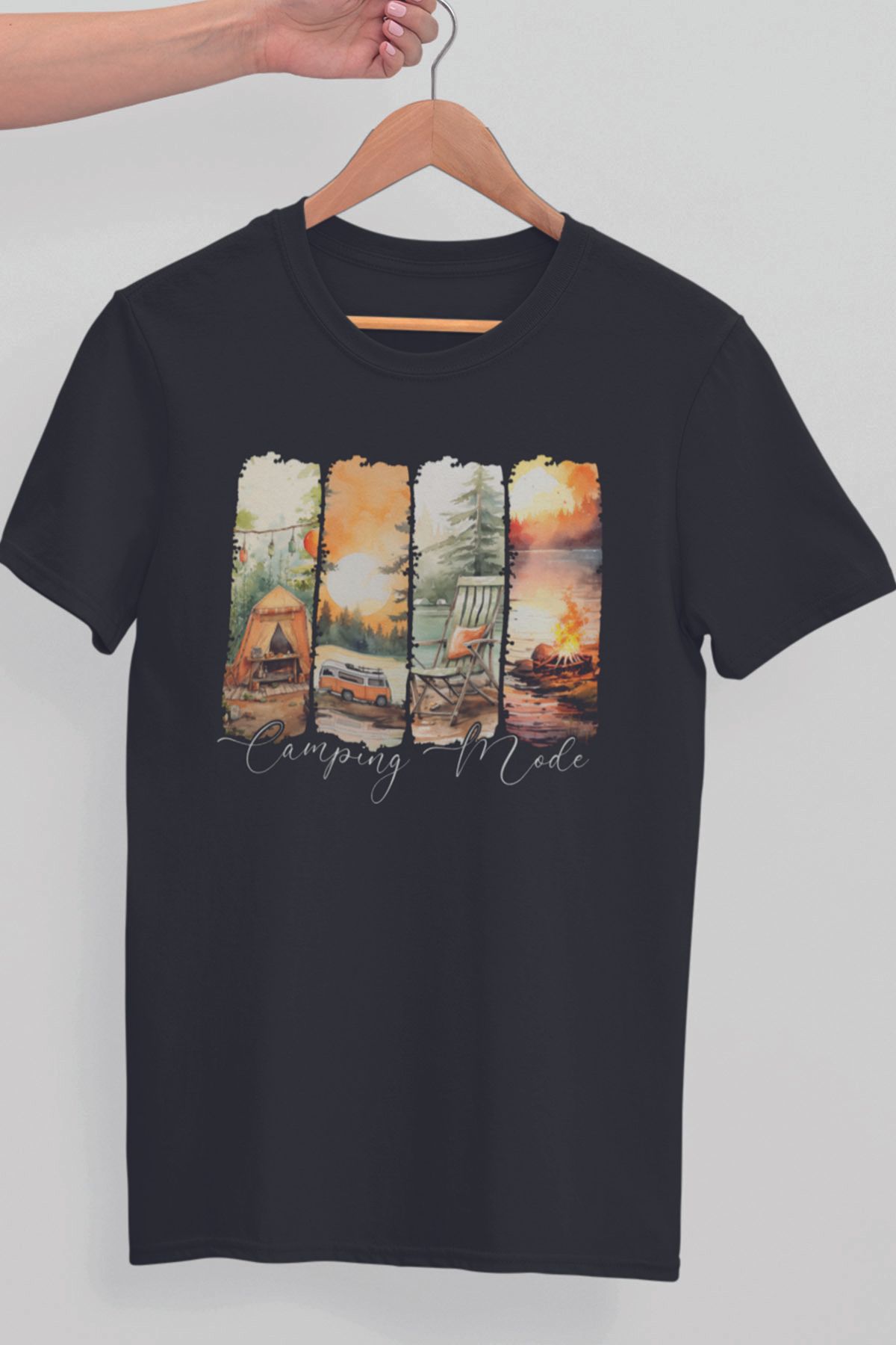 qoeuyl boutique Camping Mode Baskılıyaz Temalı Unisex Regular Fit Pamuklu Siyah Tişört