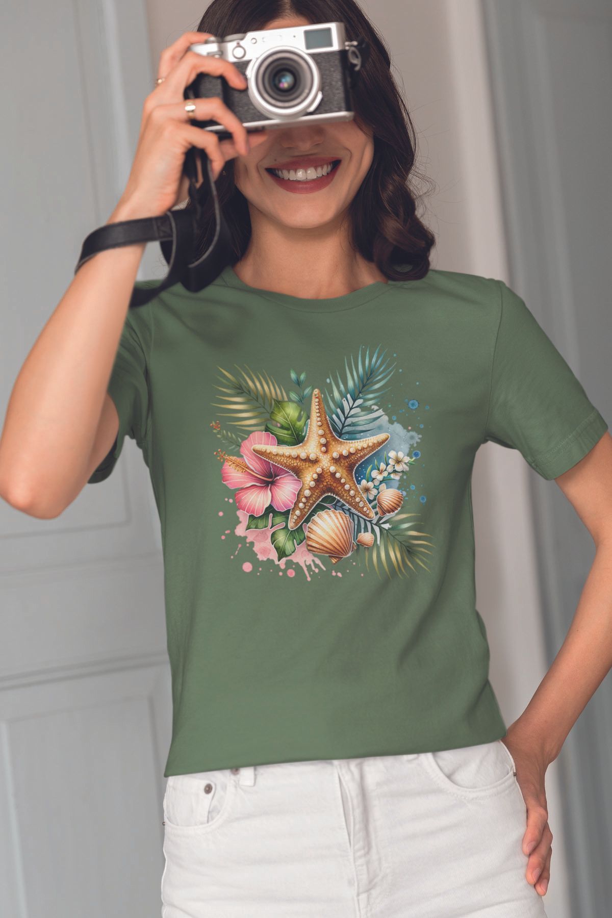 qoeuyl boutique Deniz Yıldızı Baskılıyaz Temalı Unisex Regular Fit Pamuklu Yeşil Tişört