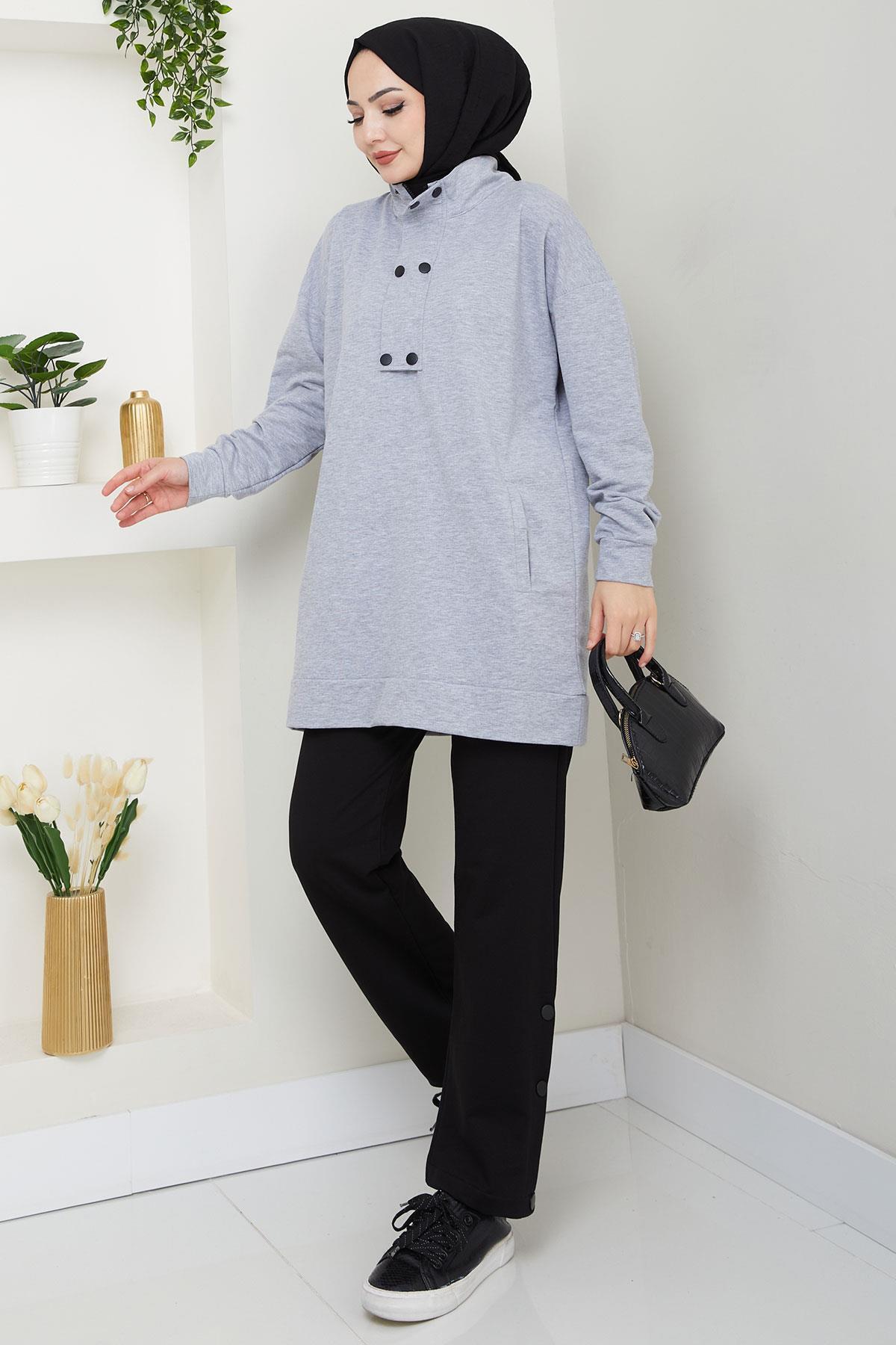 hafsamina-Snap Detailed Suit Gray Hm2719 3