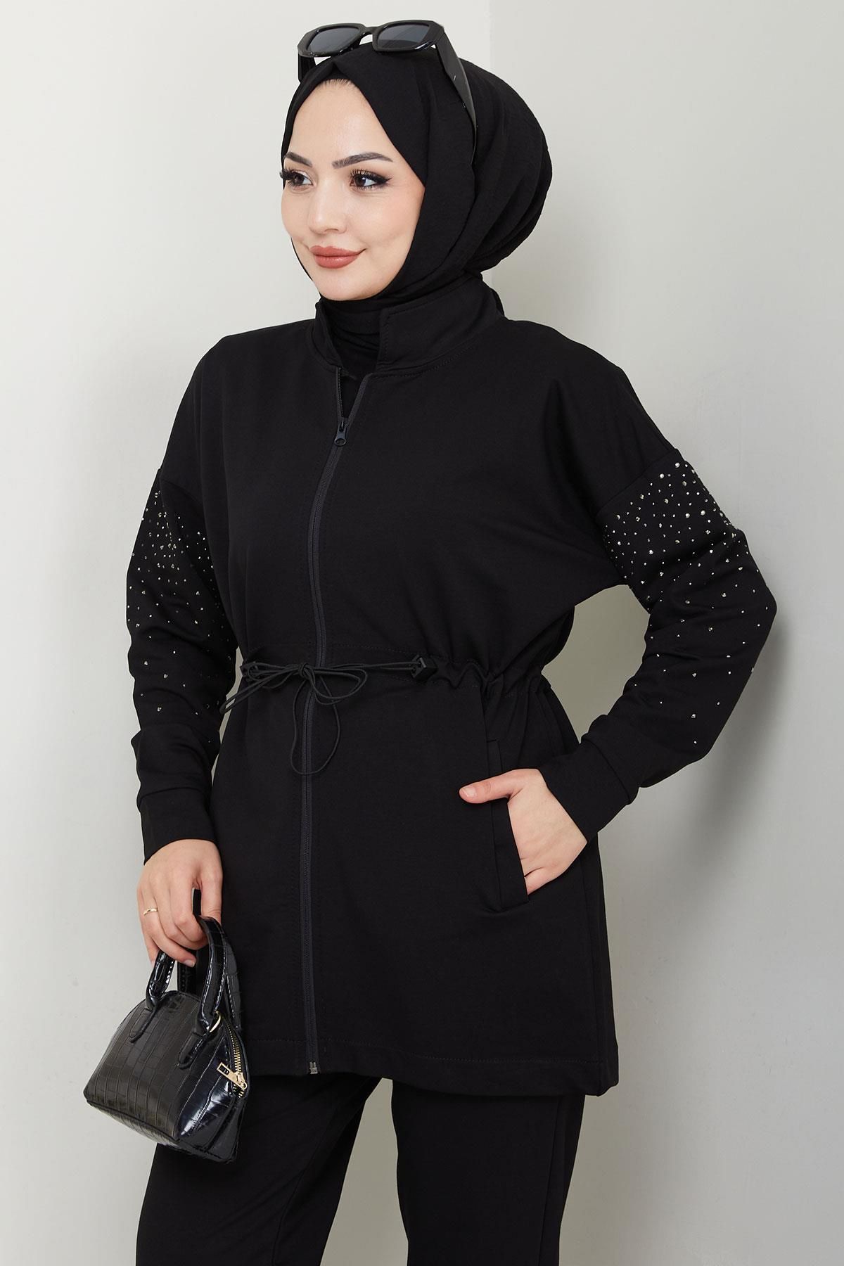 hafsamina Kolu Taşlı Beli Bağcıklı Takım Siyah HM2718