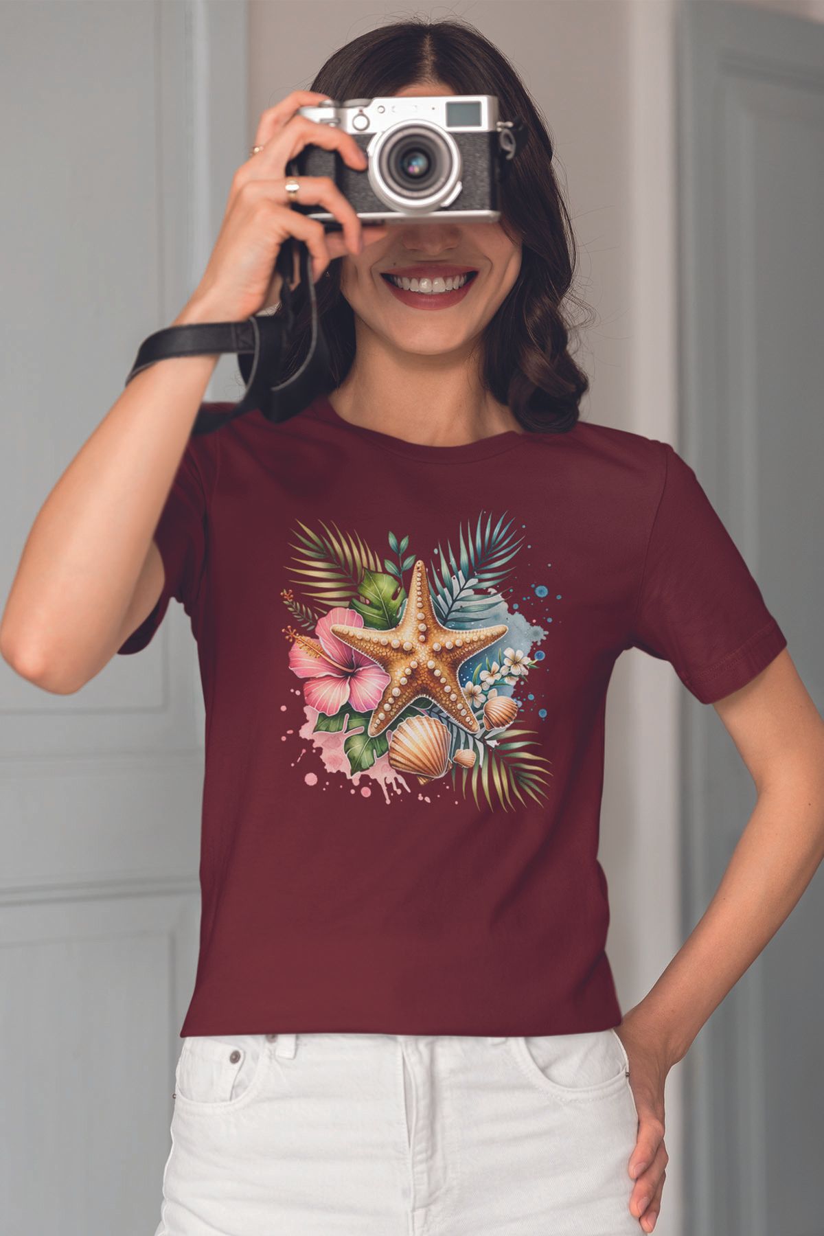 qoeuyl boutique Deniz Yıldızı Baskılıyaz Temalı Unisex Regular Fit Pamuklu Bordo Tişört