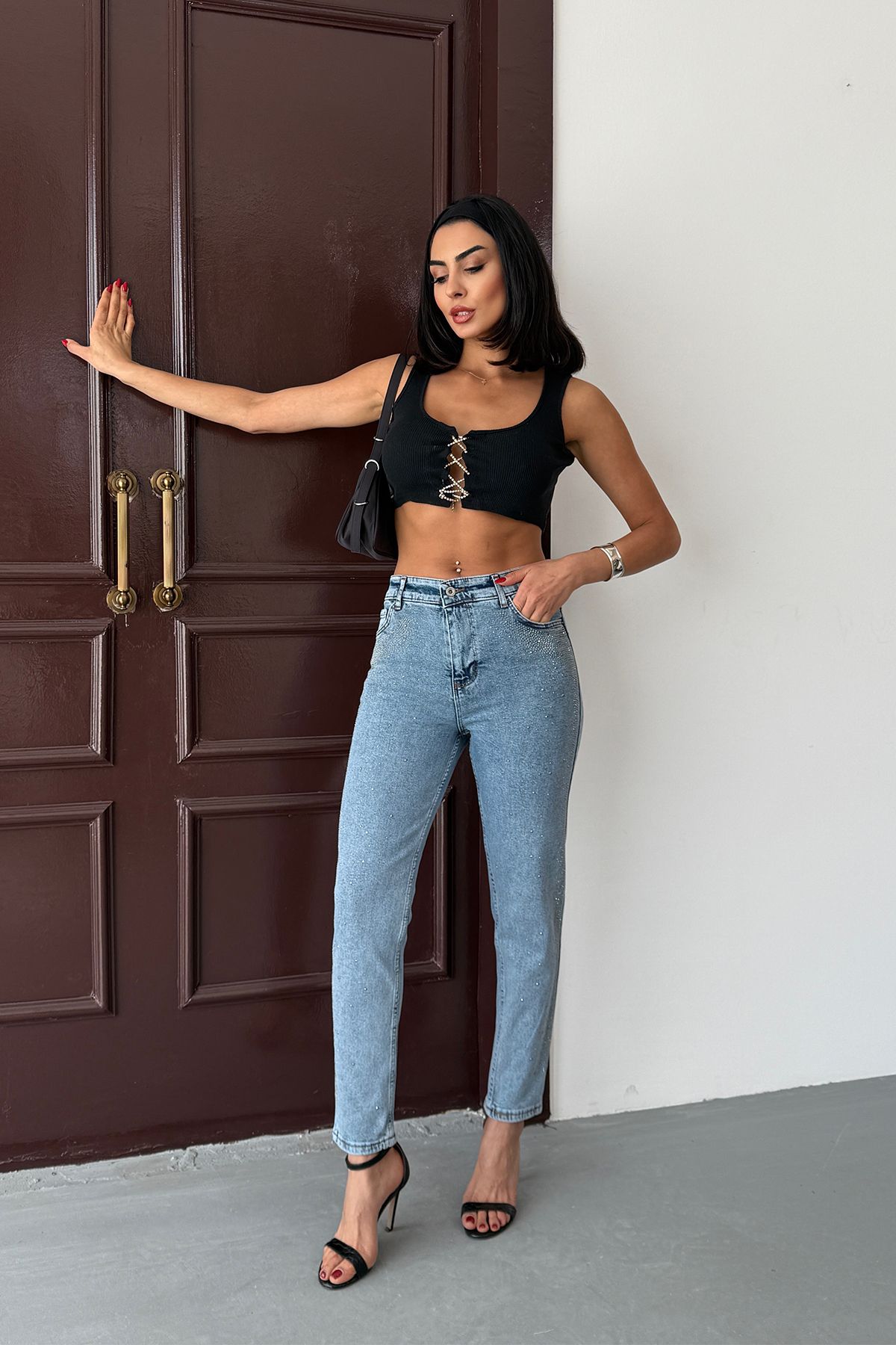 Ortaya Çık Mavi Taşlı Dar Paça Skinny Jean Kot Pantolon