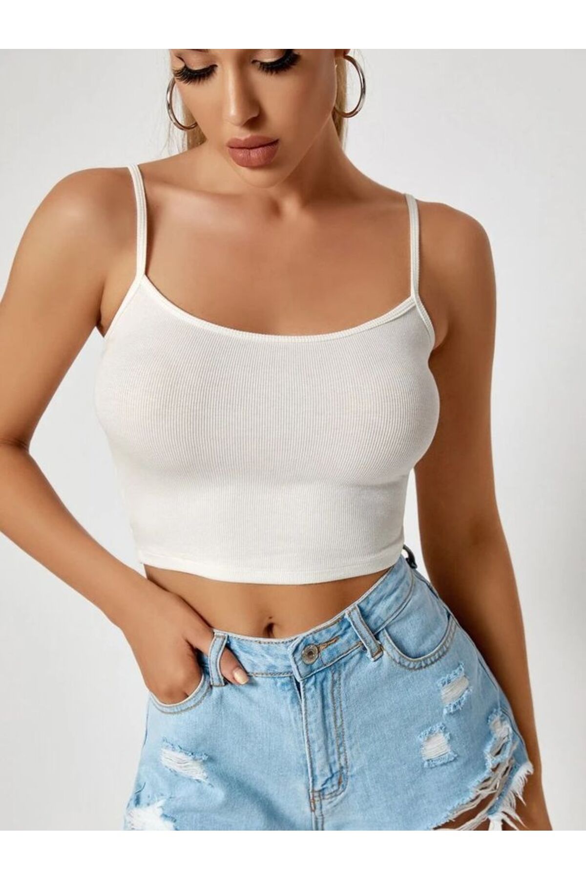 ÖZ PAMUK Öz pamuk Kadın ince Asklılı Fitilli Crop Basıc Atlet Bluz
