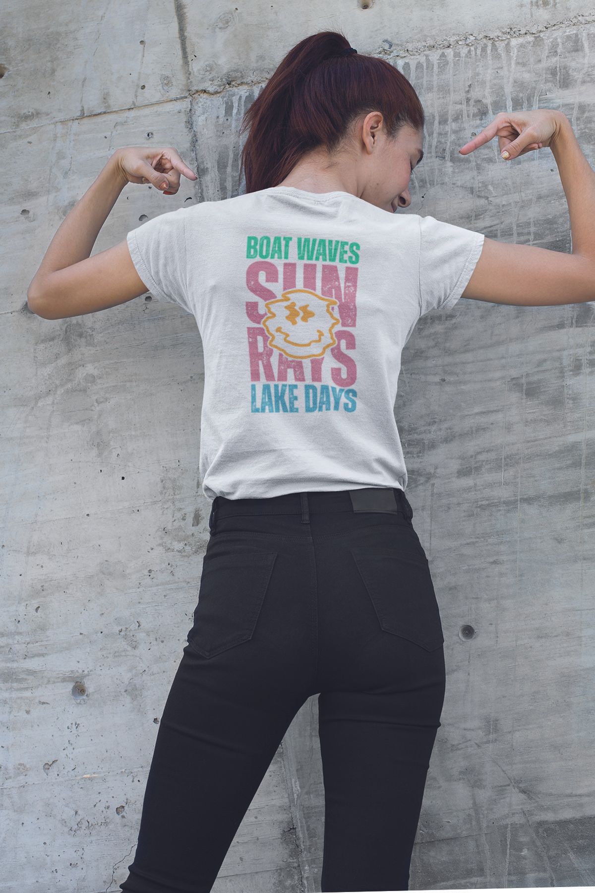 qoeuyl boutique Sırt Baskılı Boat Waves Sun Rays Lake Days Baskılı Unisex Regular Fit Pamuklu Beyaz Tişört