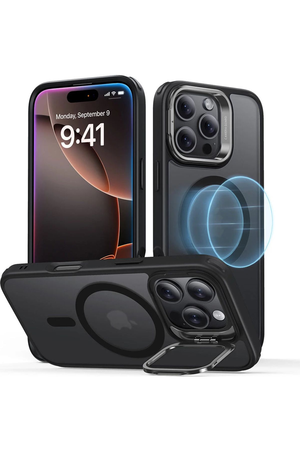 ESR iPhone 16 Pro Max Kılıf + Ekran Koruyucu Cam Halolock Magsafe Classic Hybrid Standlı Buzlu Siyah