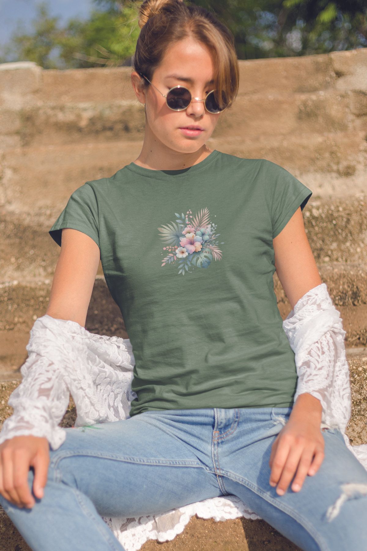 qoeuyl boutique Tropikal Çiçekler Baskılıyaz Temalı Unisex Regular Fit Pamuklu Yeşil Tişört