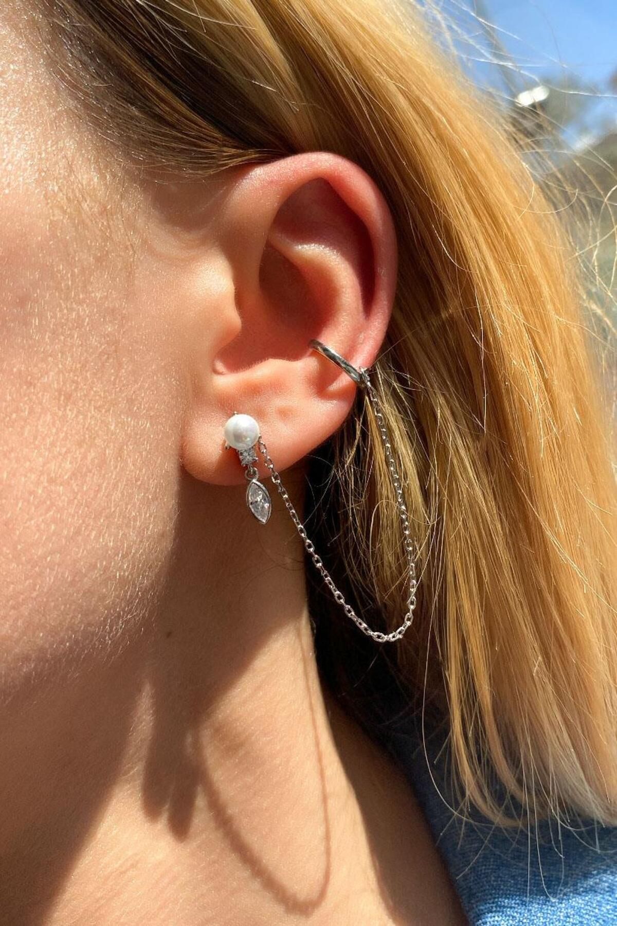 Spossy Silver Jewelry Tekli, İncili Kıkırdak Küpe