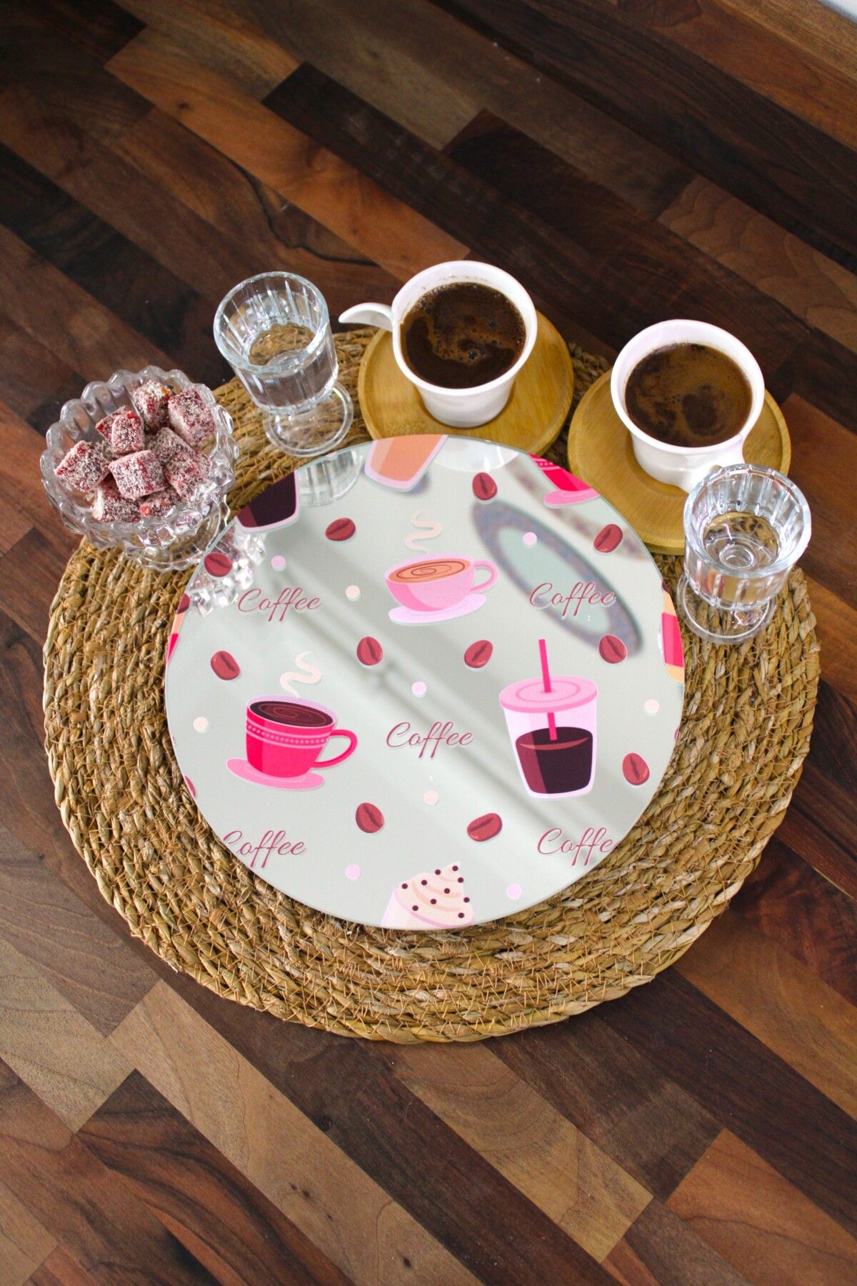 LudenHome Kahve Sunumluk Tepsi Gerçek Ayna Ahşap Ayaklı 23 Cm