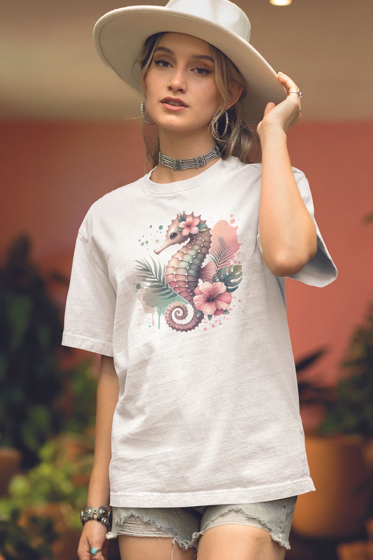 qoeuyl boutique Deniz Atı Baskılıyaz Temalı Unisex Regular Fit Pamuklu Beyaz Tişört