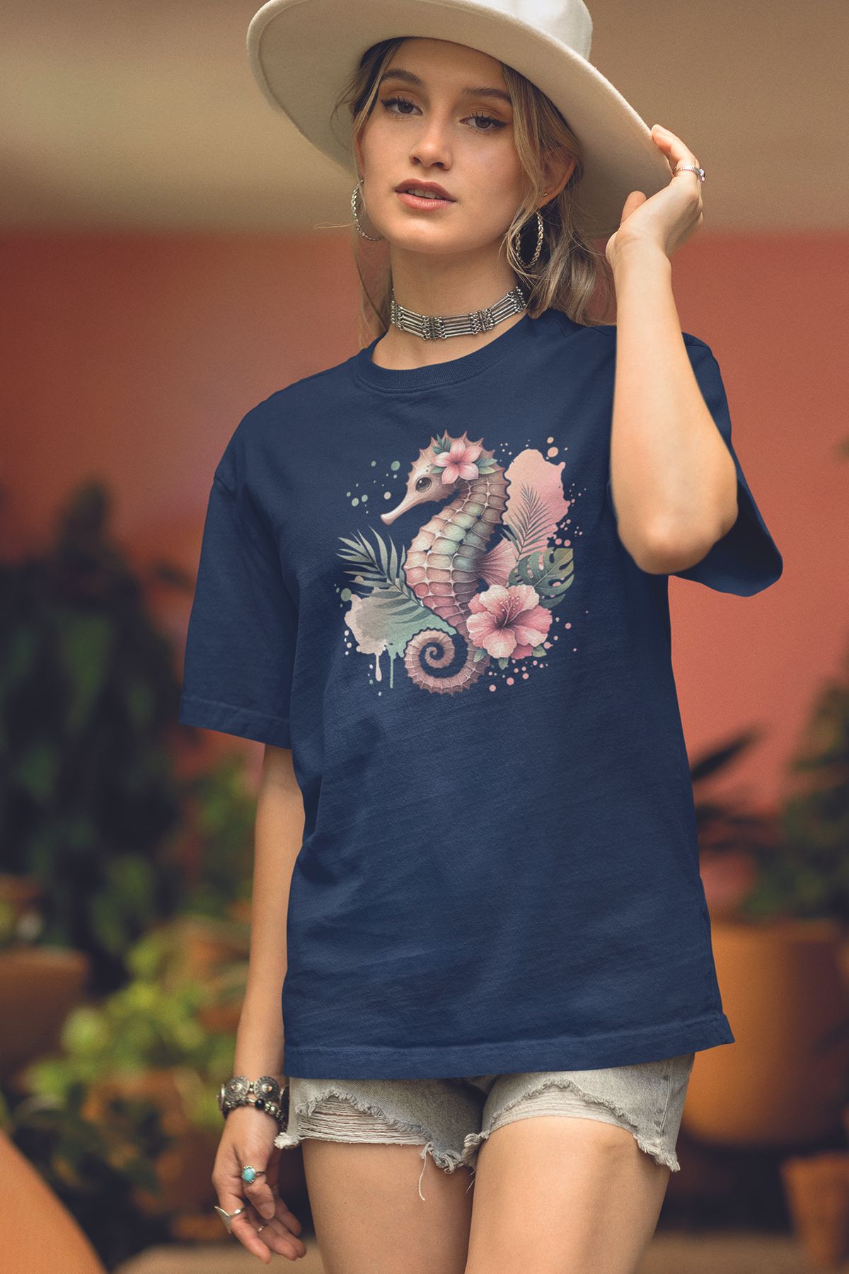 qoeuyl boutique Deniz Atı Baskılıyaz Temalı Unisex Regular Fit Pamuklu Lacivert Tişört
