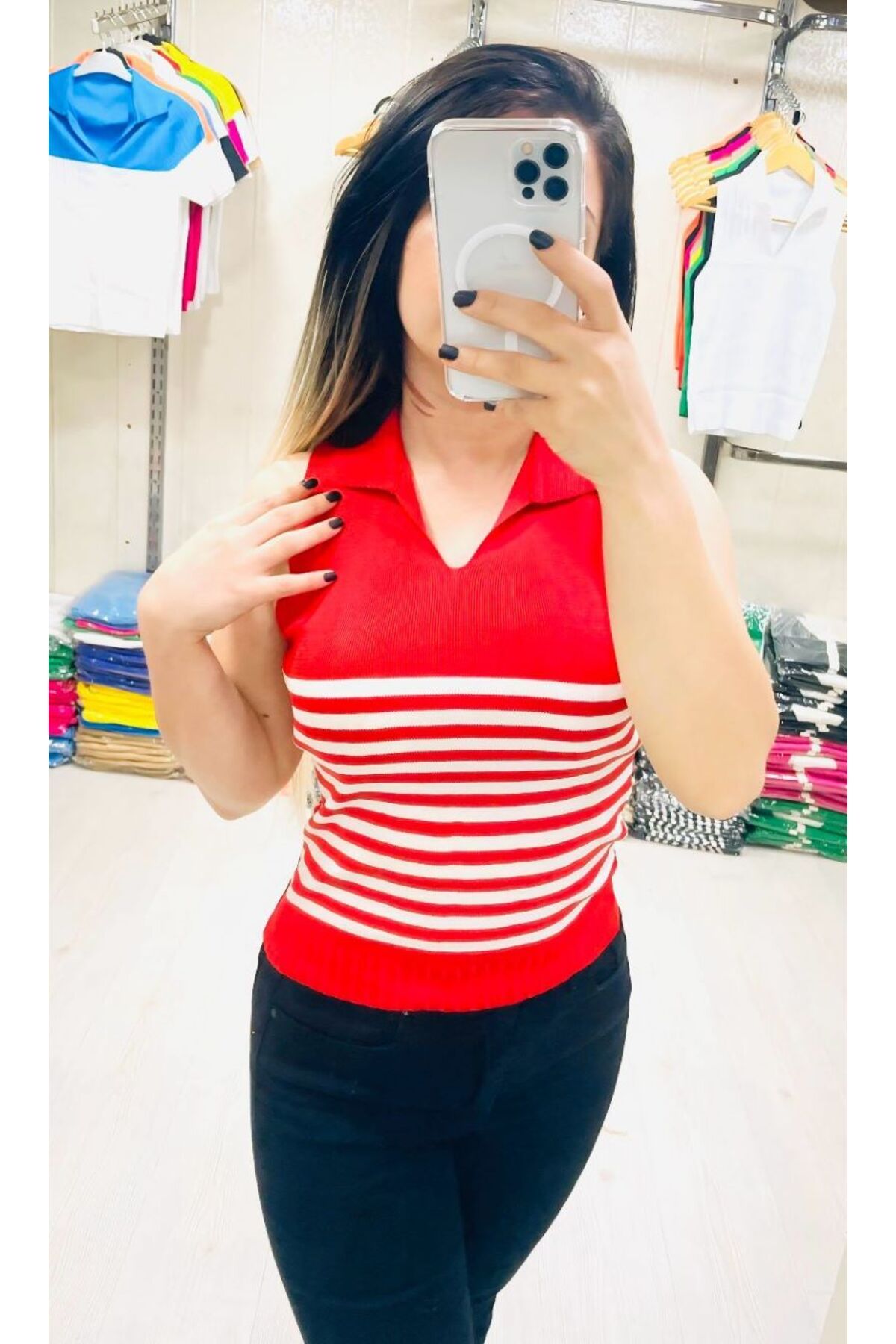 Butik ZEYOO COLLECTİON Kadın Polo Yaka Çizgi Detaylı Bluz