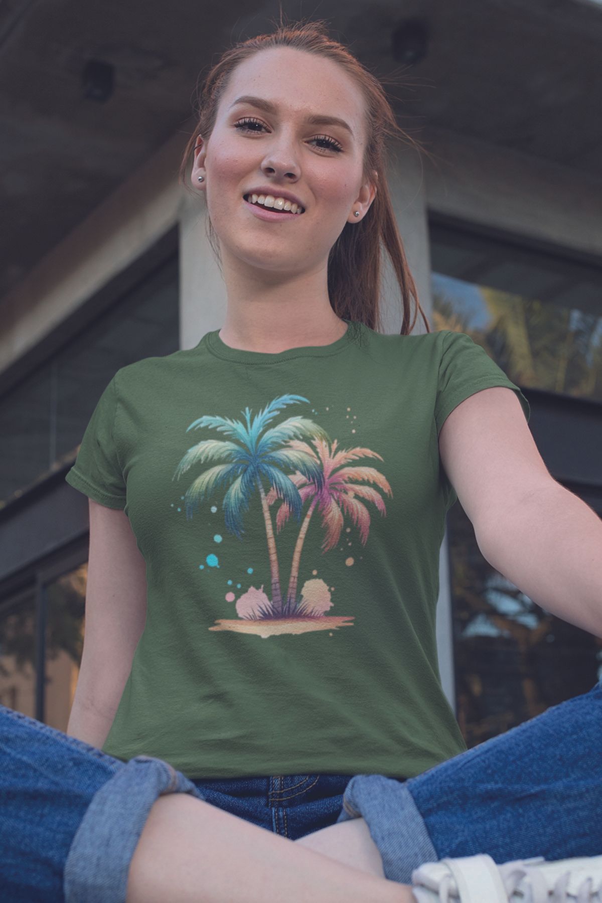 qoeuyl boutique Tropikal Palmiyeler Baskılıyaz Temalı Unisex Regular Fit Pamuklu Yeşil Tişört