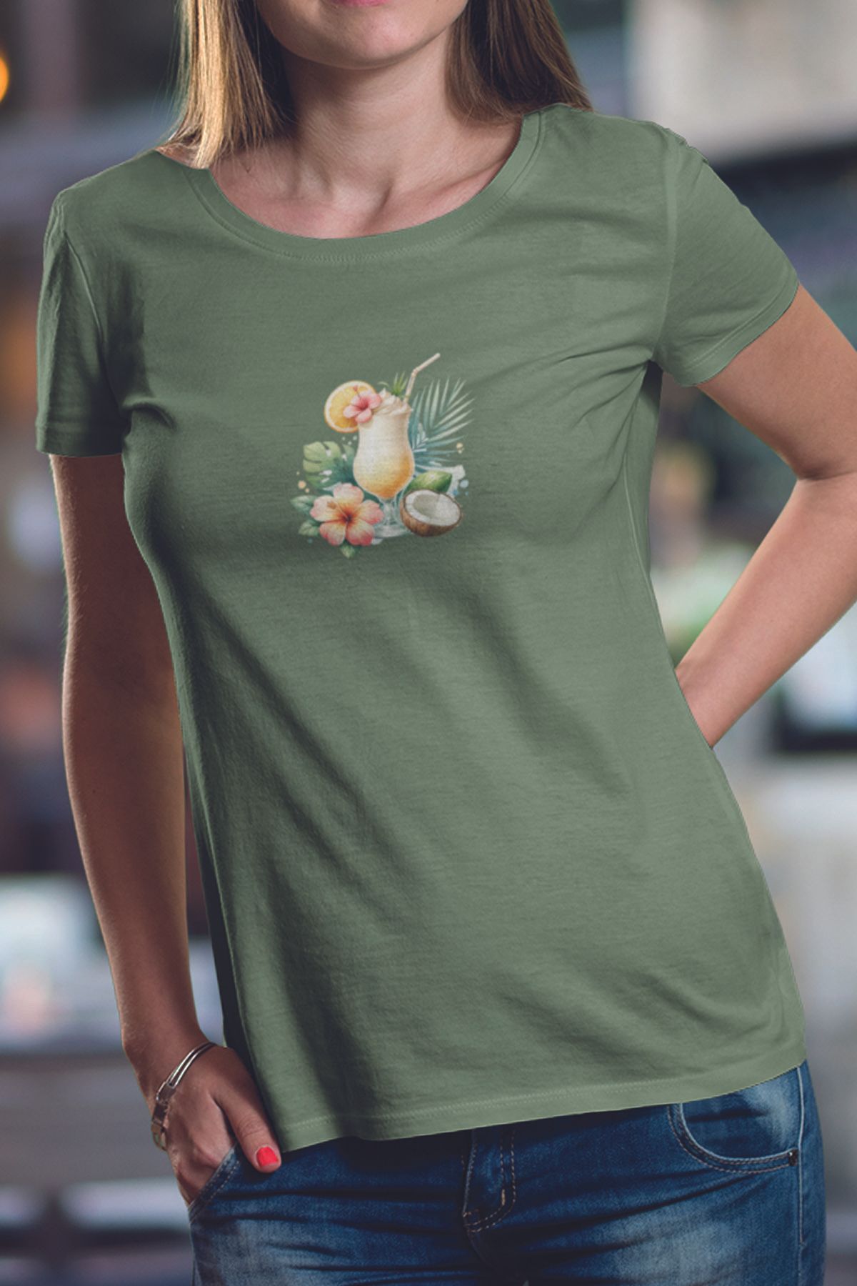 qoeuyl boutique Tropikal Kokteyl Baskılıyaz Temalı Unisex Regular Fit Pamuklu Yeşil Tişört