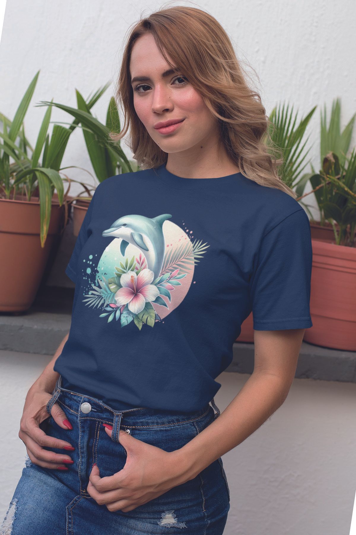 qoeuyl boutique Yunus Ve Çiçekler Baskılıyaz Temalı Unisex Regular Fit Pamuklu Lacivert Tişört