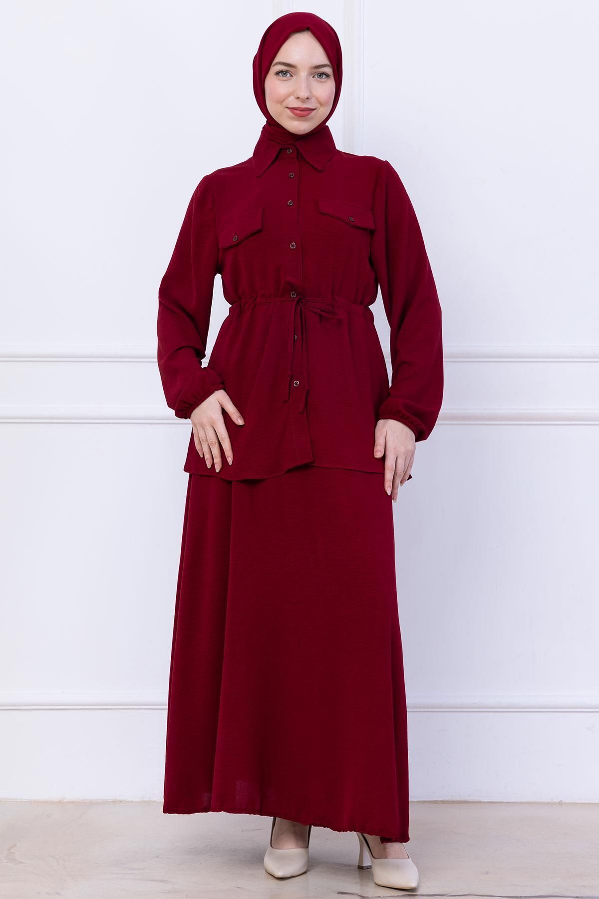 hafsamina Beli Bağlamalı Etekli Ayrobin Takım Bordo HM2734