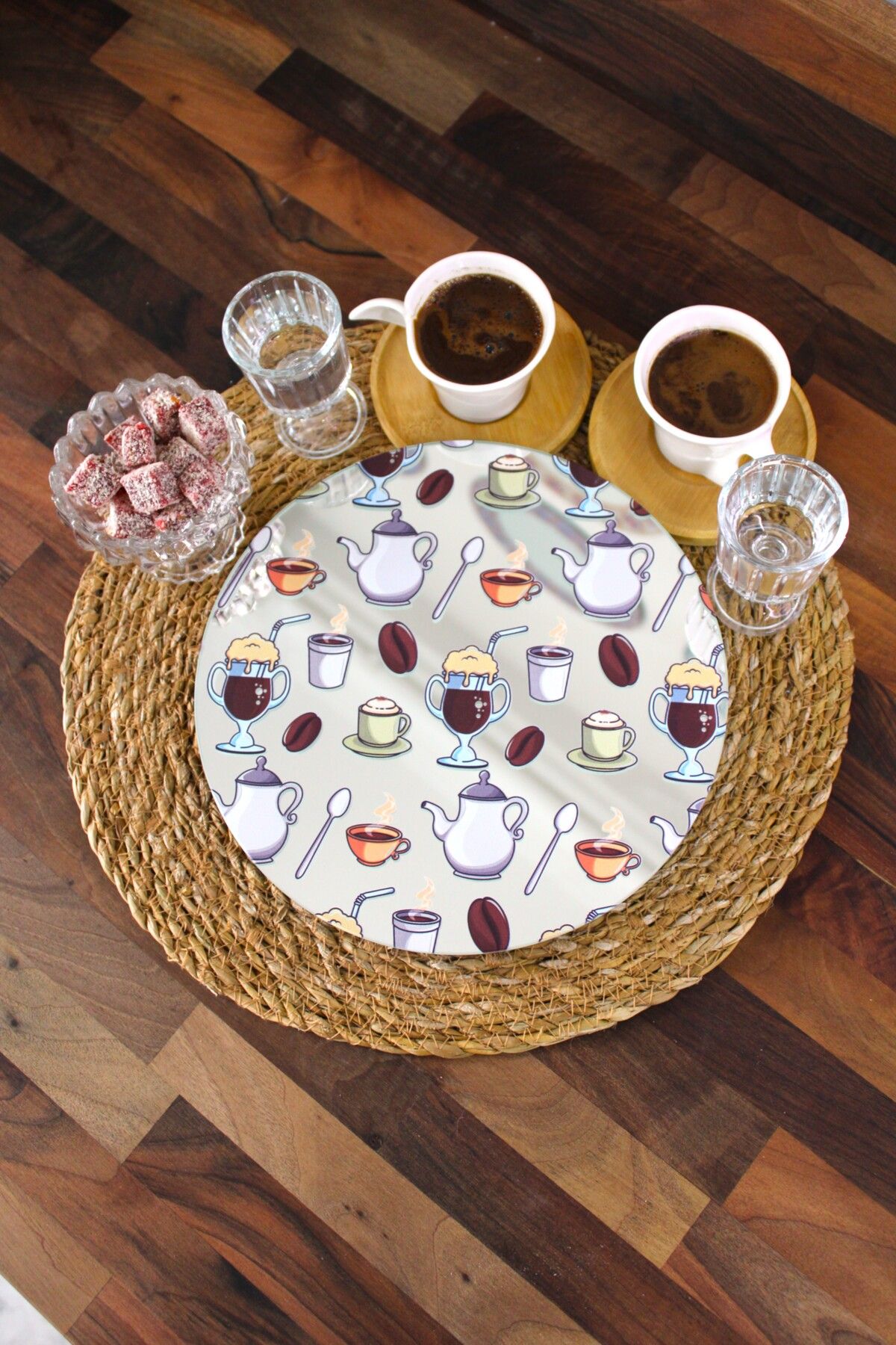 LudenHome Kahve Sunumluk Tepsi Gerçek Ayna Ahşap Ayaklı 23 Cm