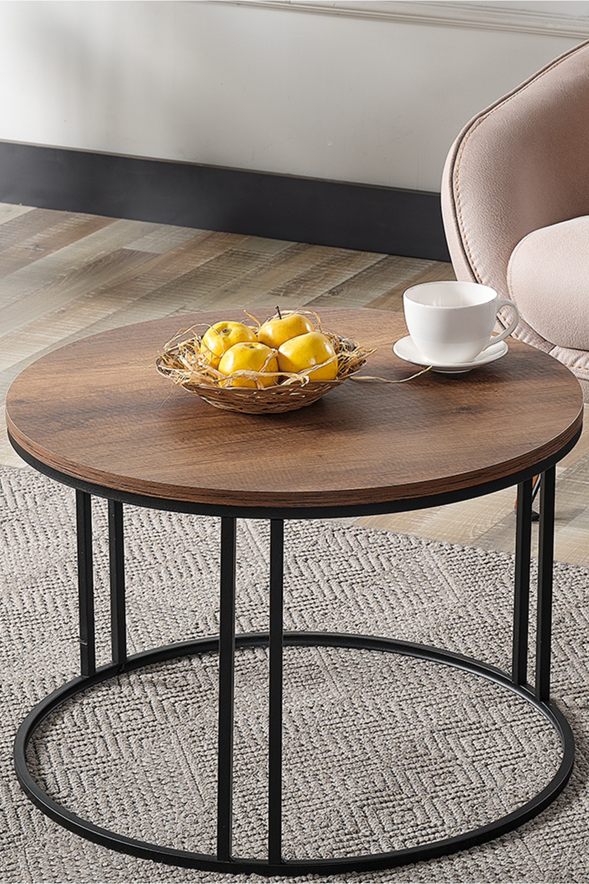 4 Lü Koyu Ceviz Suntalam Siyah Metal Ayaklı Cam C Model Sehpa Takımı (ZİGON VE ORTA)