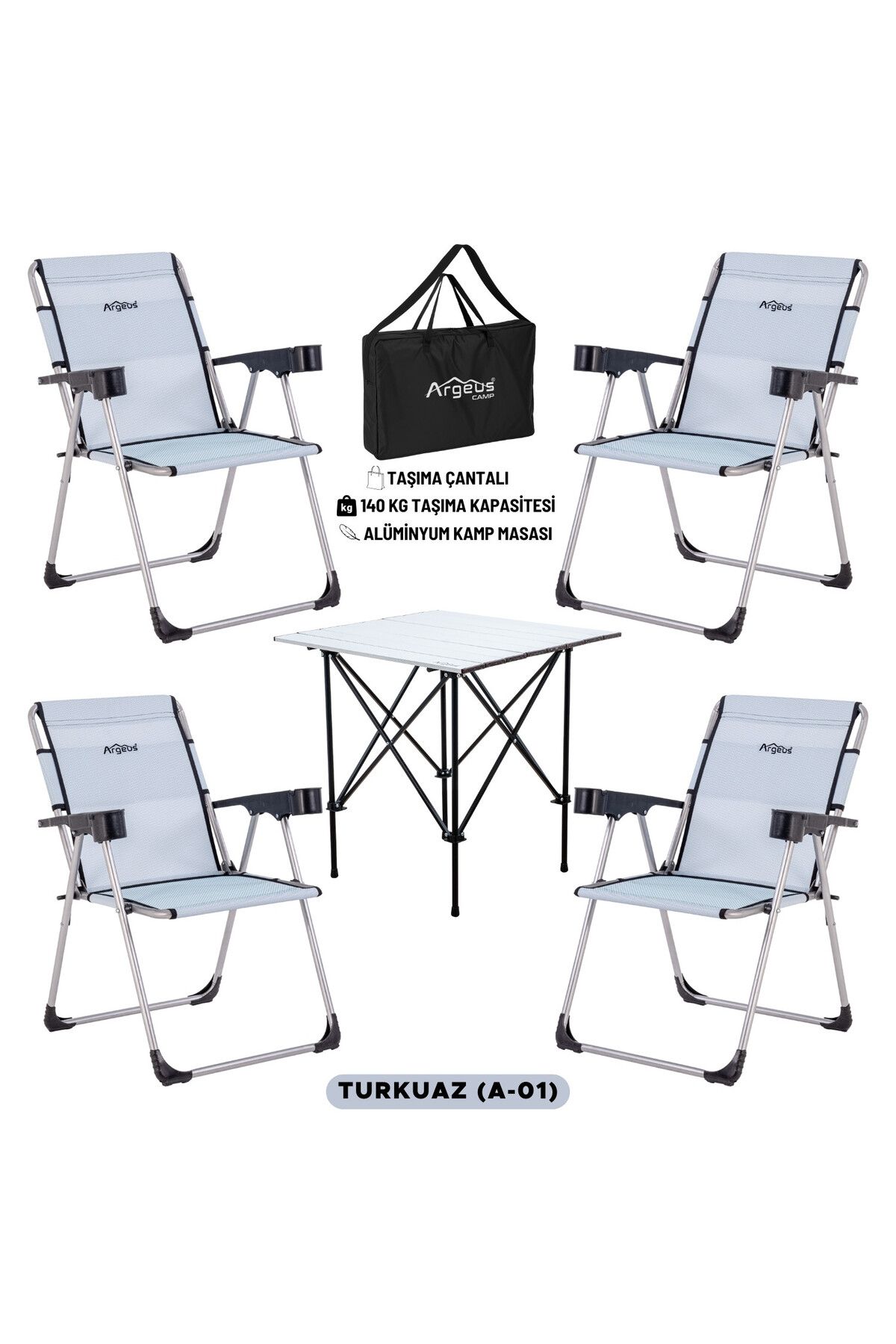 ARGEUS 4 Adet Katlanır Kamp Sandalyesi ve Alüminyum Masa Seti - Taşıma Çantalı - 140KG Taşıma -Rock Silver