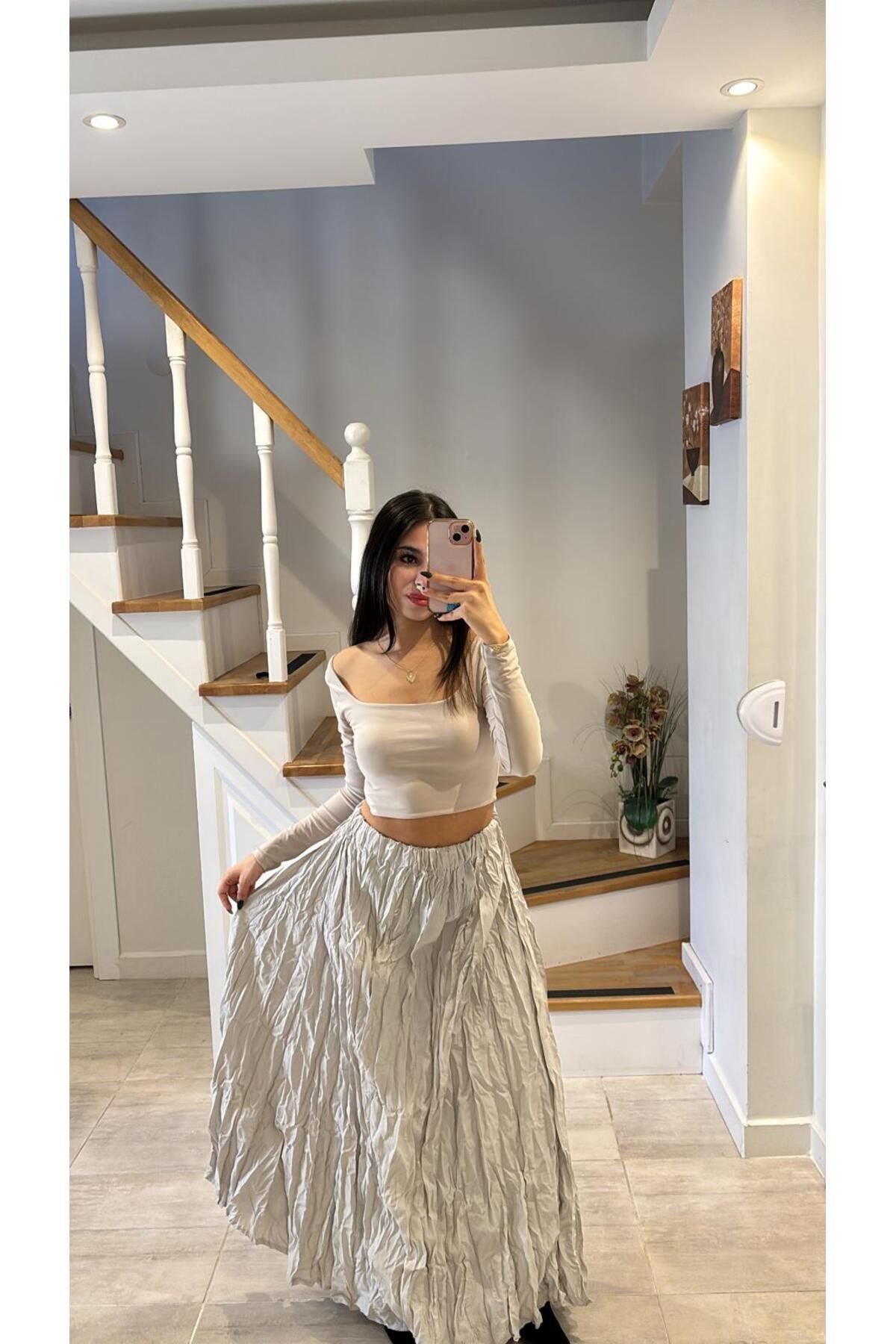 Rüyagibimoda Kadın taş rengi kırışık uzun etek
