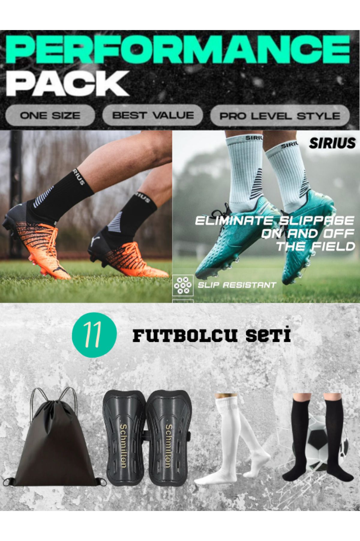 Bellanora 11'li Futbol Maç Kauçuk Taban Kaydırmaz Siyah&Beyaz Çorap& Tekmelik &Tozluklar& Çanta Antrenman Seti