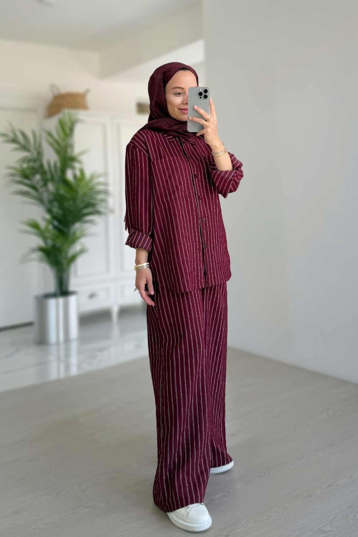 Ka Hijab Bol Paça Çizgili Takım - Bordo